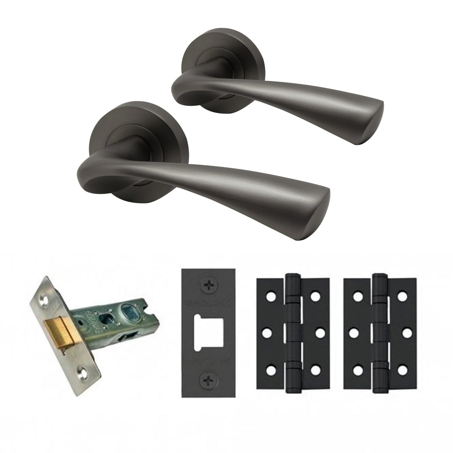 Truro Internal Lever Handle On Round Rose Latch Pack, Gun Metal Grey (107887)