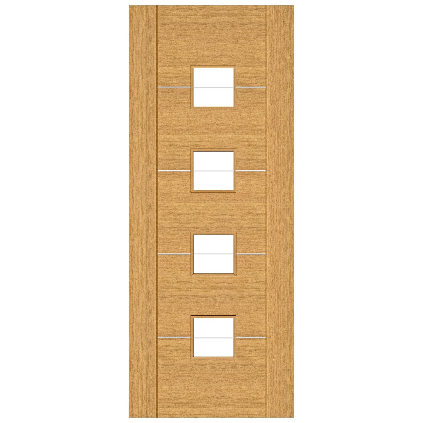 B-Grade Oak Internal Fully Finished Valencia 5 Panel 4 Light Etched Clear Glass Door with Aluminium Horizontal Inlays (116416)