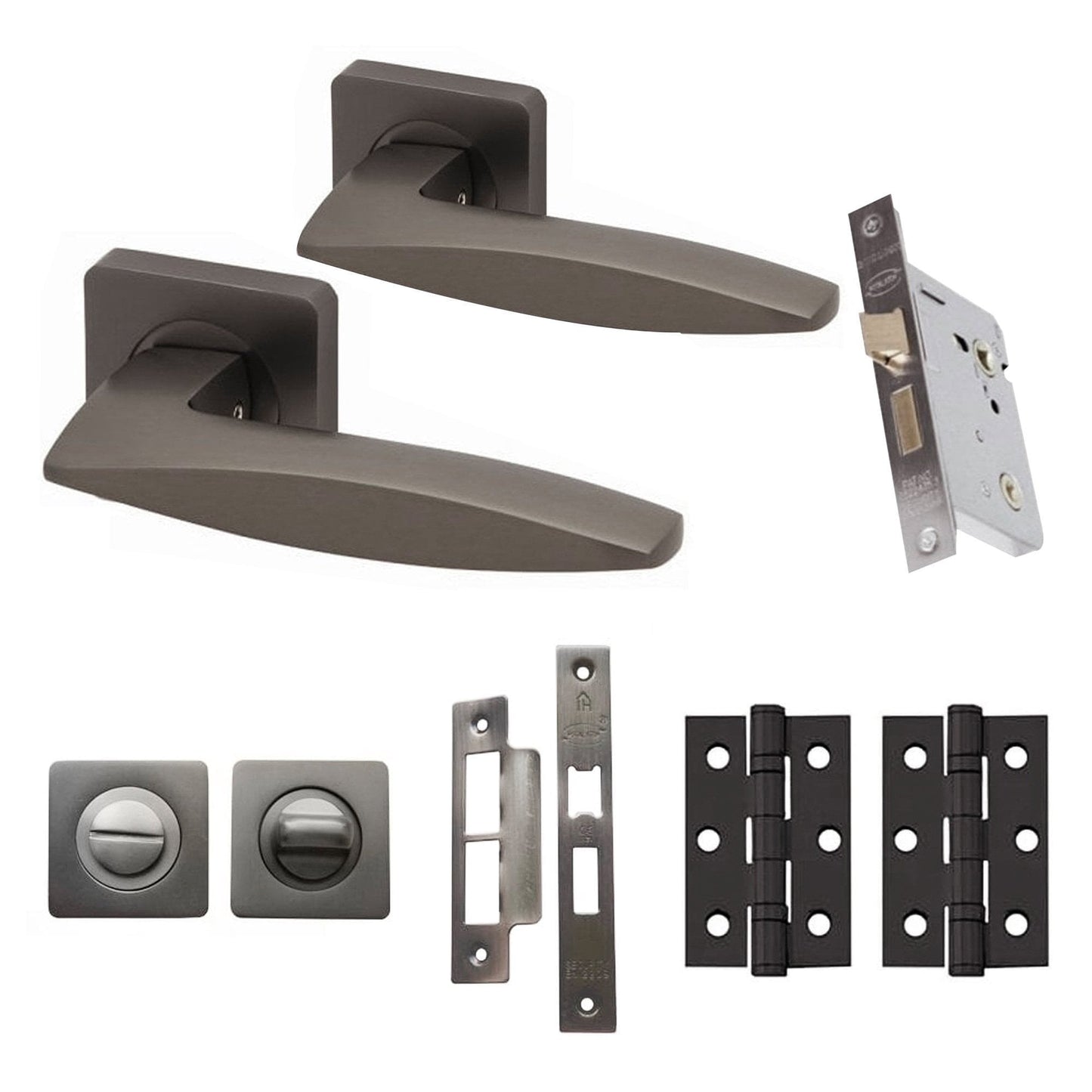 Sable Internal Bathroom Lever Handle On Square Rose Latch Pack, Gun Metal Grey (107882)