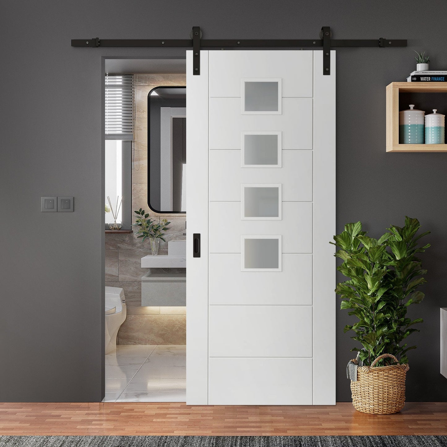 White Internal Primed Pedrena 7 Panel 4 Light Obscure Glass Sliding Door - Black Face Mounted (120001)