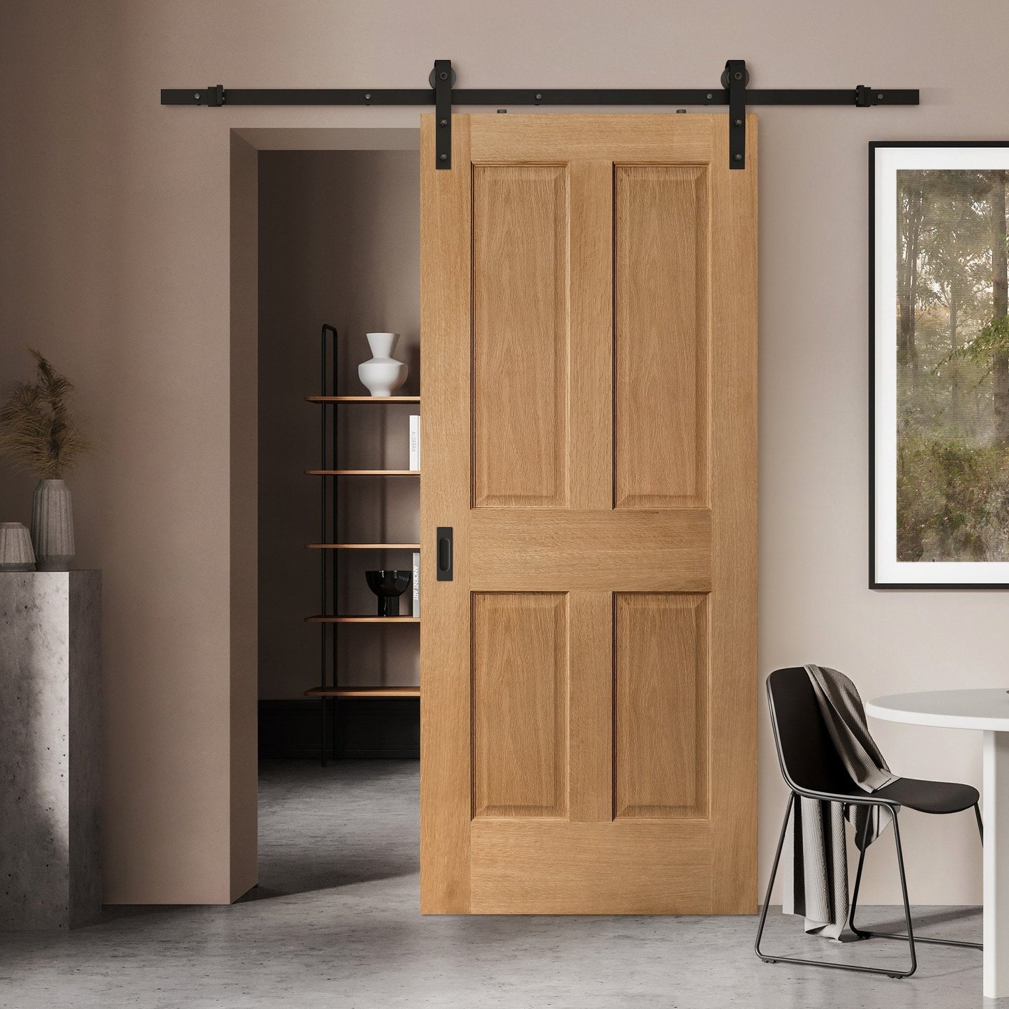 Oak Internal Unfinished Traditional Victorian 4 Panel Sliding Door - Black Face Mounted (119956)