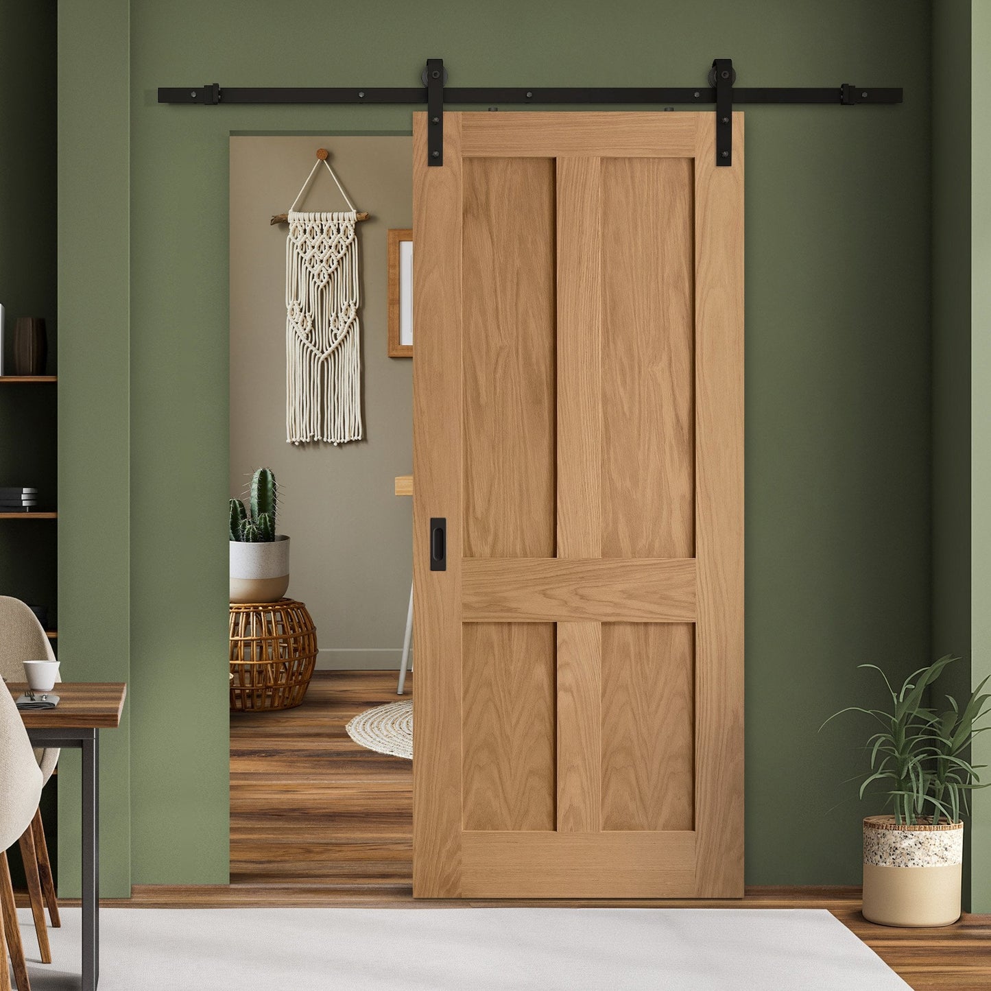 Oak Internal Unfinished Victorian 4 Panel Flat Sliding Door - Black Face Mounted (119959)