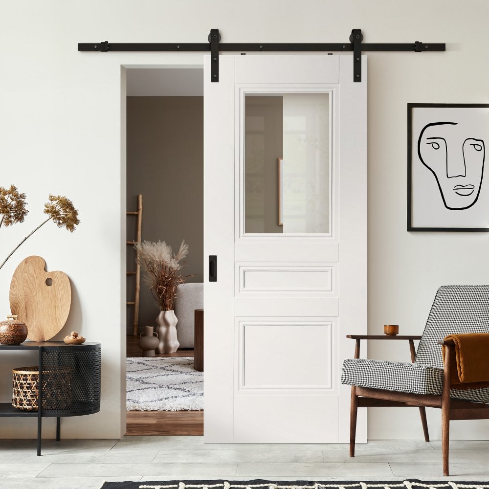 White Internal Primed Henley 2 Panel 1 Light Sliding Door - Black Face Mounted (119993)