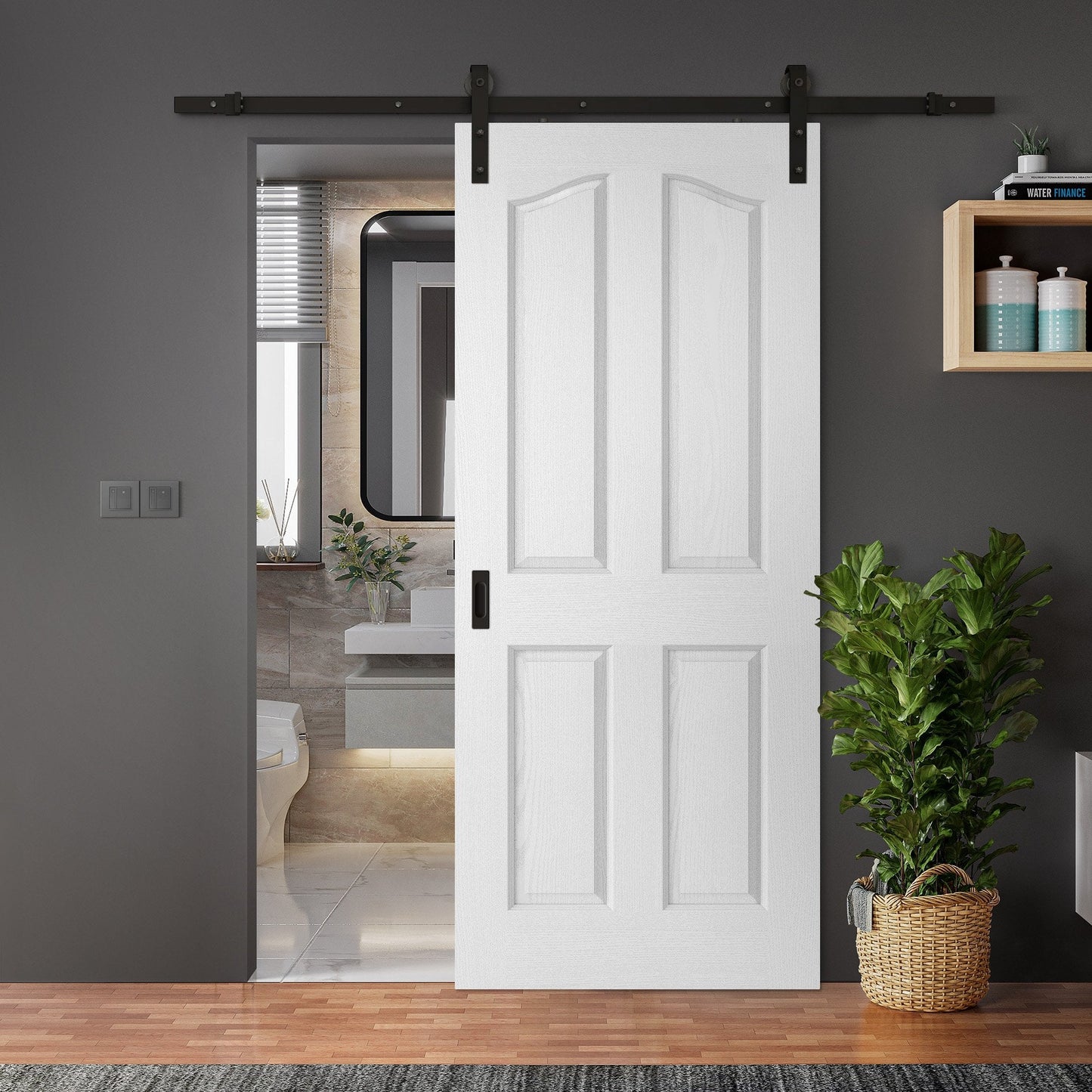 White Primed Lifestlye Textured 4 Panel Arched Top Sliding Door - Black Face Mounted (120029)