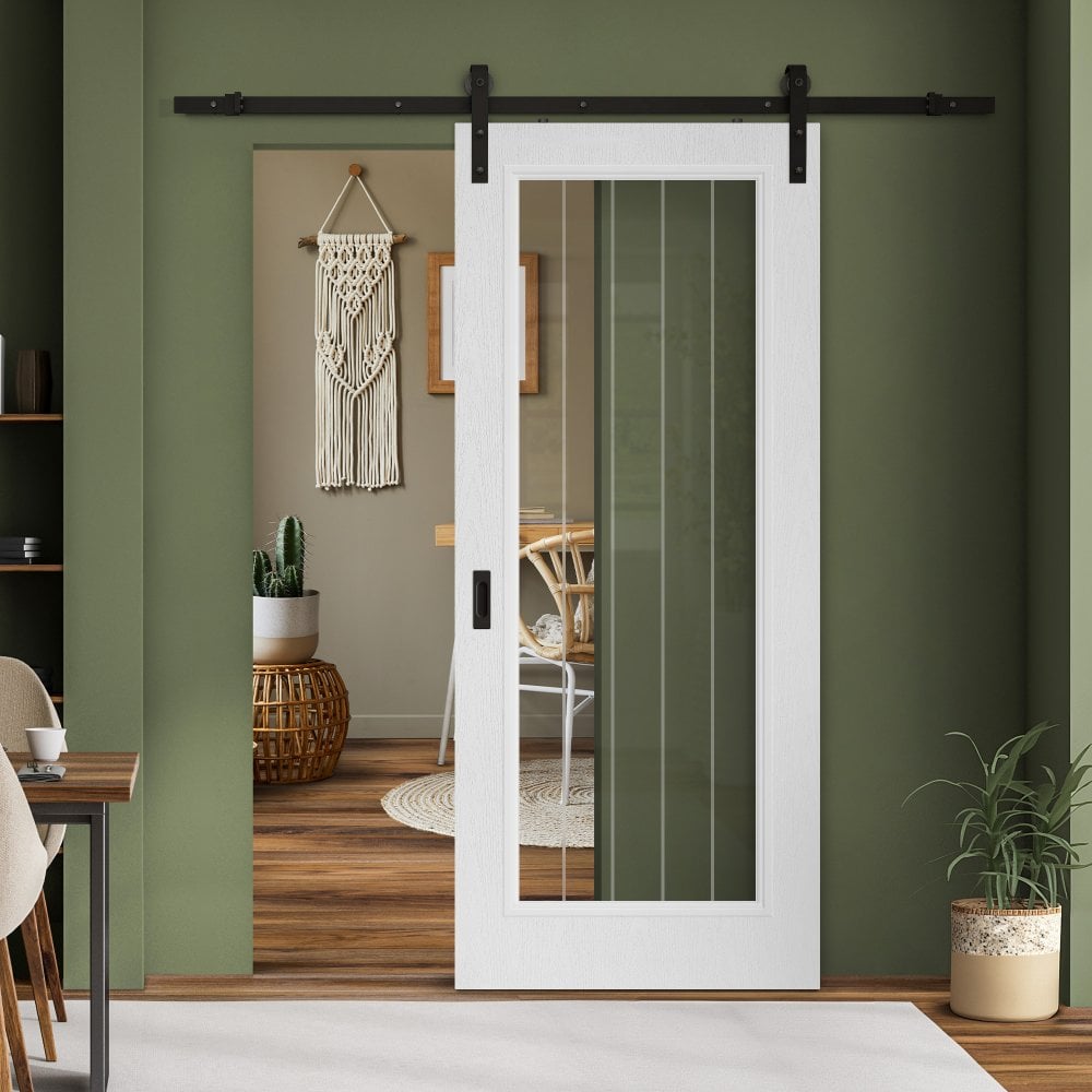 White Painted Internal Lifestyle Farley 1 Light Obscure Lined Clear Glass Sliding Door - Black Face Mounted (120584)