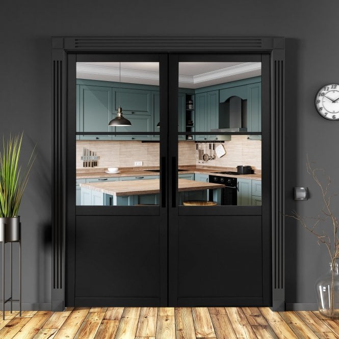 Jet Black Internal Fully Finished Industrial Studio 1 Panel 2 Light Clear Glass Made-to-Measure Door (120535)