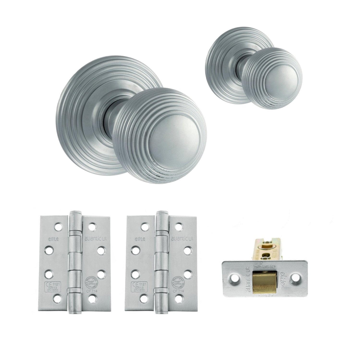 Ripon Round Reeded Mortice CE13 Fire Door Knob Set - Satin Chrome (120427)