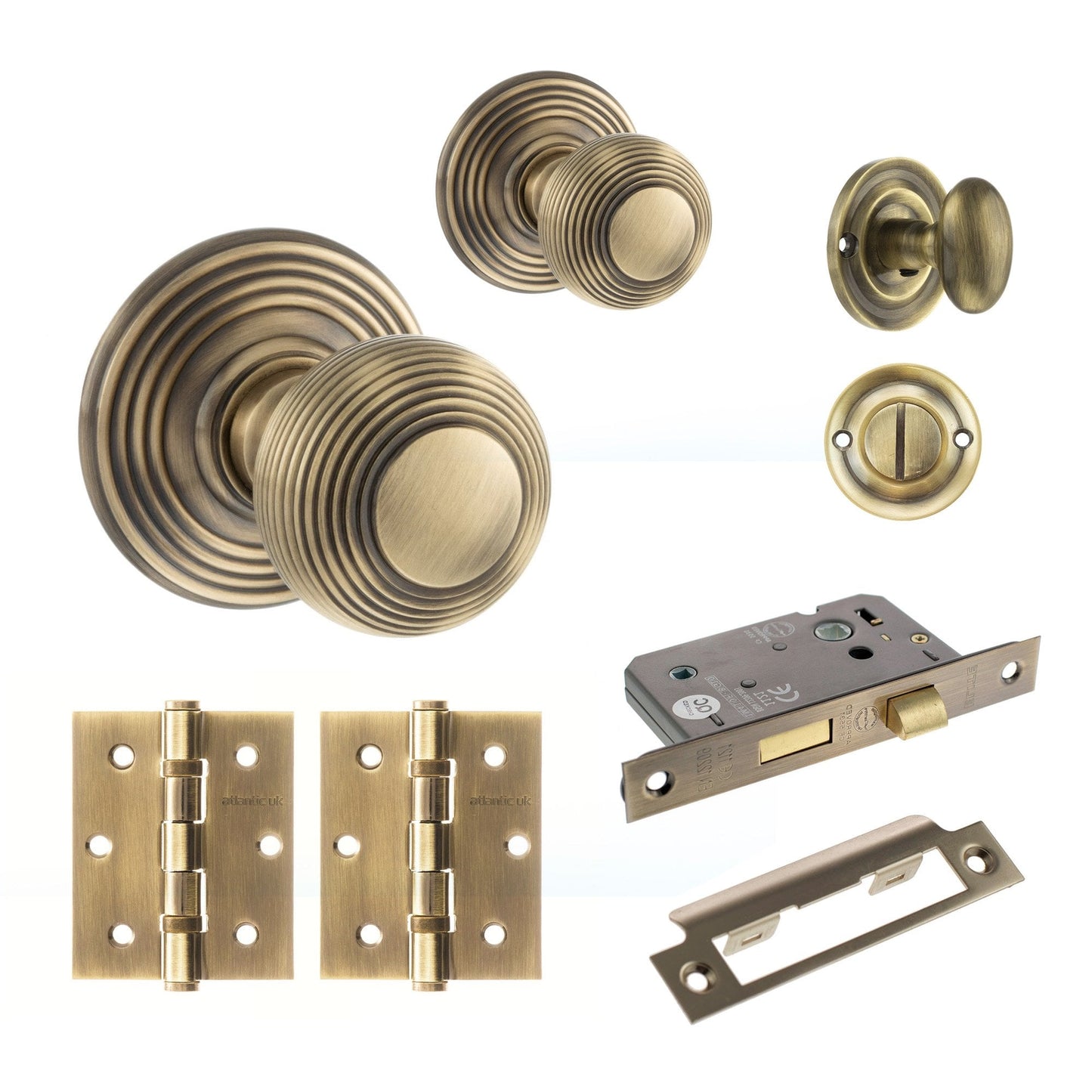 Ripon Round Reeded Mortice Bathroom Door Knob Set - Antique Brass (120423)