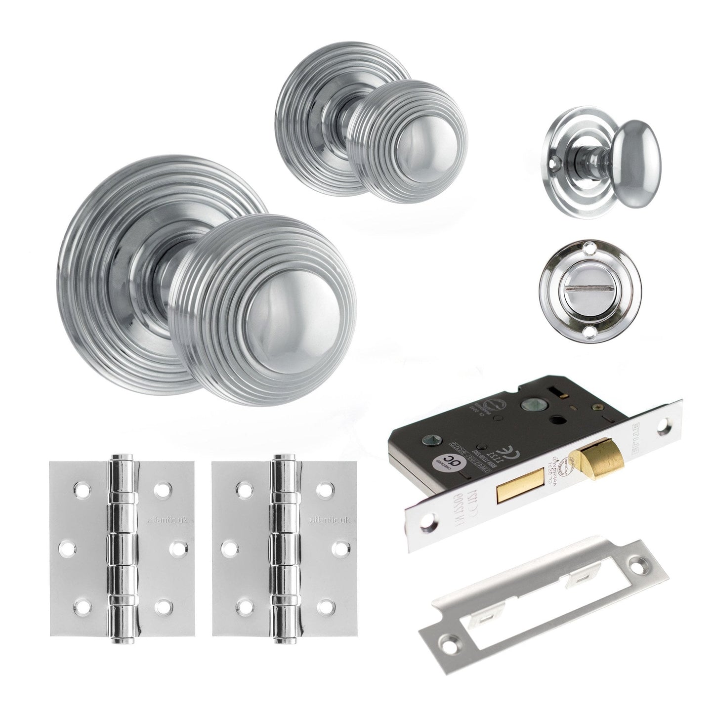 Ripon Round Reeded Mortice Bathroom Knob Set Door Knob Set - Polished Chrome (120420)