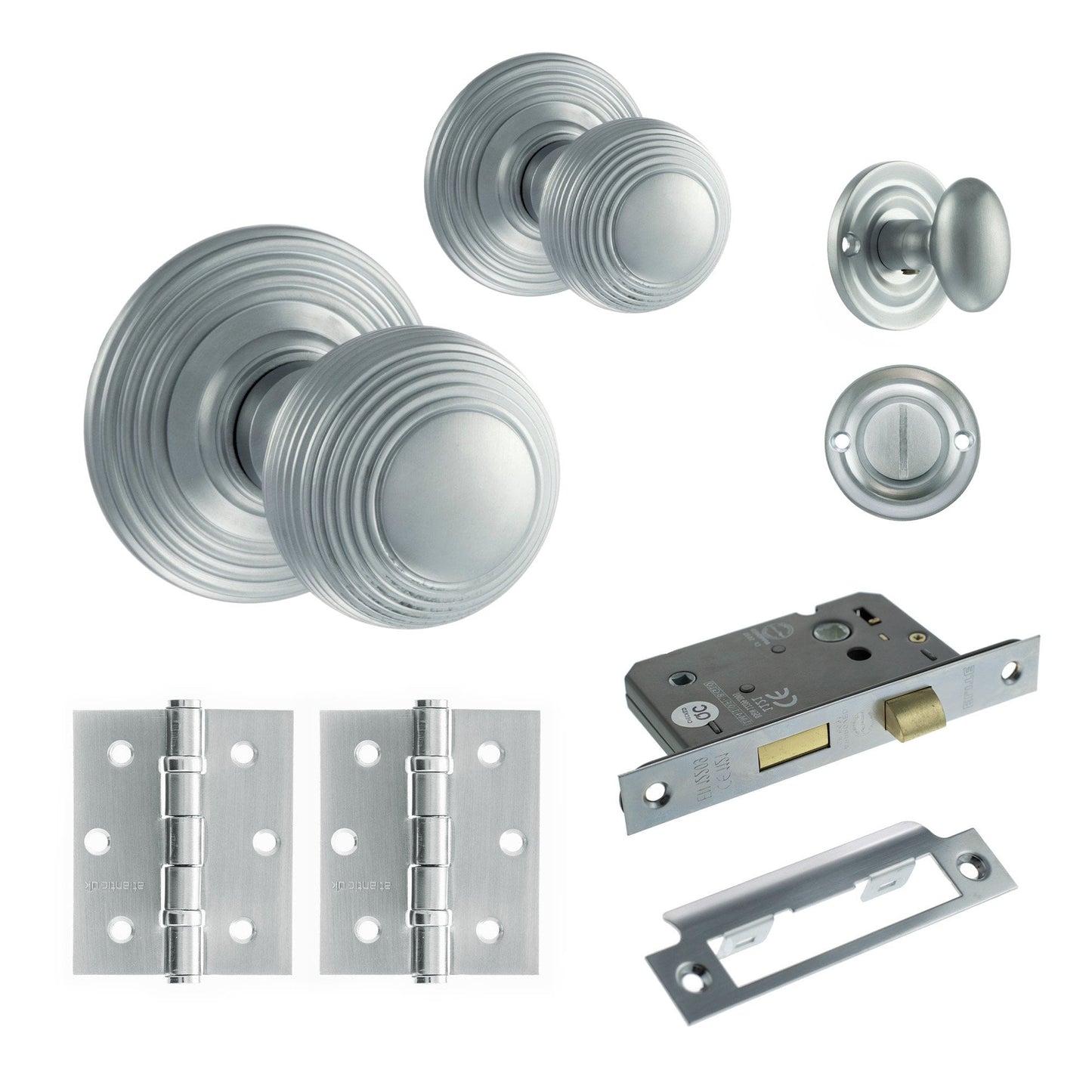 Ripon Round Reeded Mortice Bathroom Door Knob Set - Satin Chrome (120426)