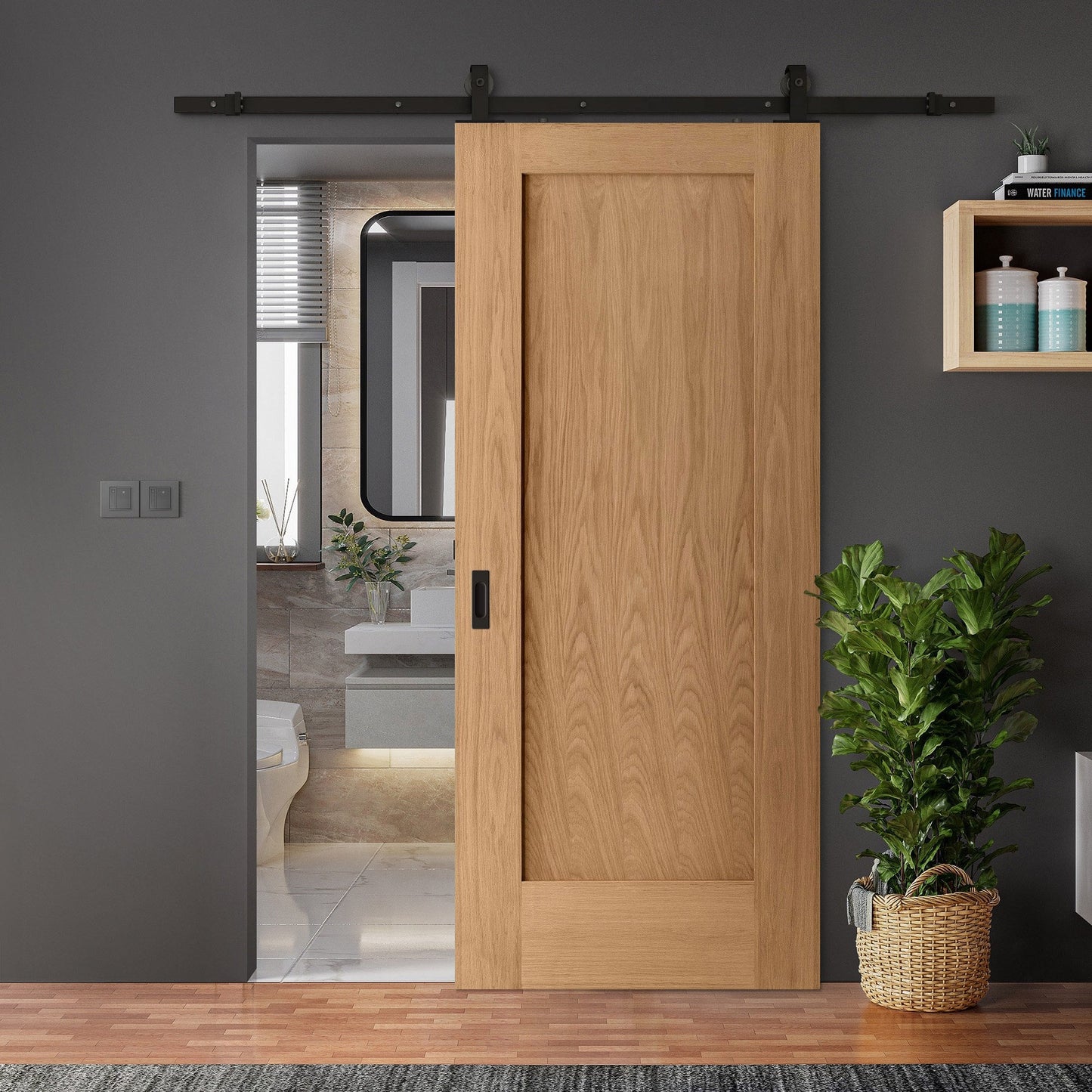 Oak Internal Unfinished Pattern 10 1 Panel Sliding Door - Black Top Mounted (120666)