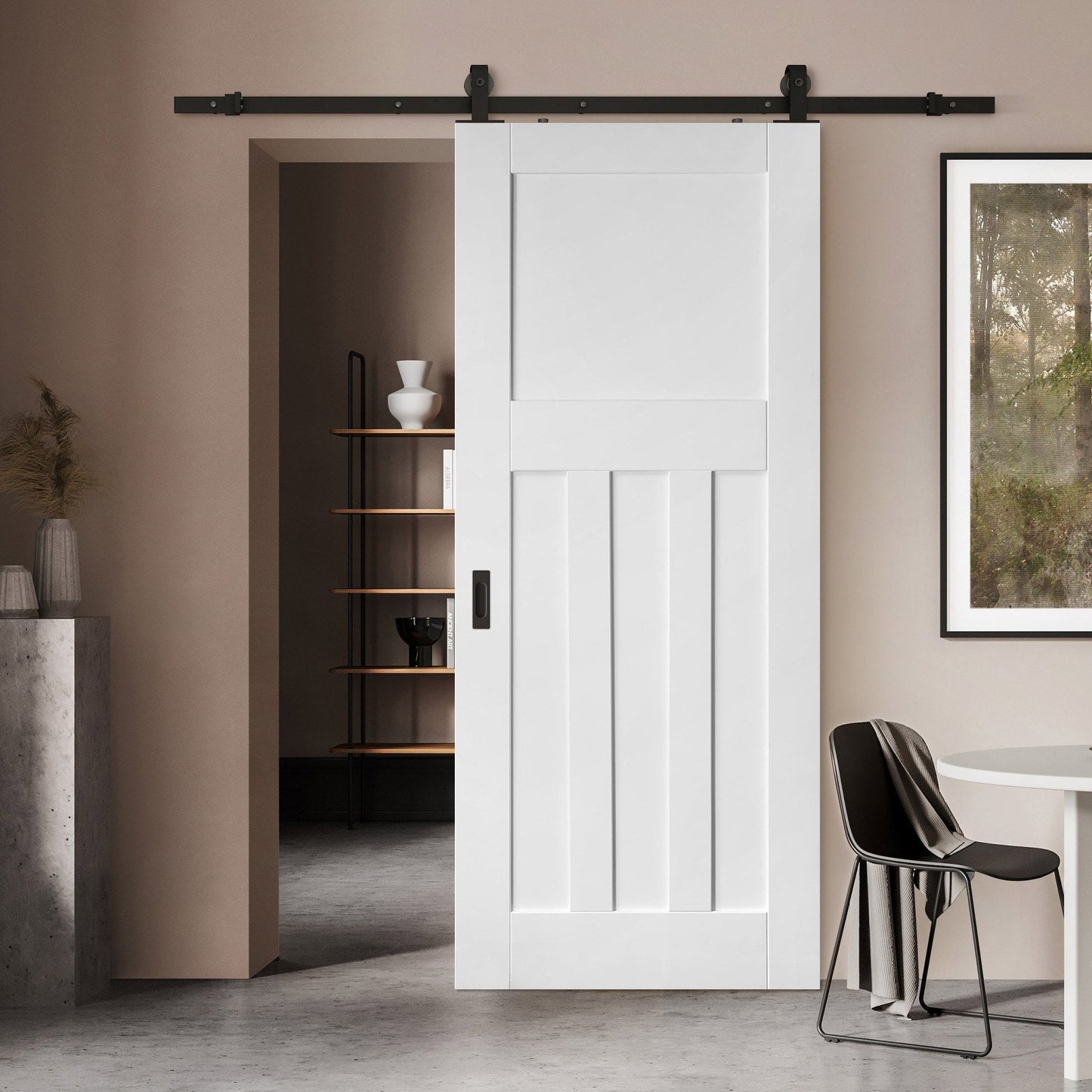 White Primed Internal 1930's DX 4 Panel Sliding Door - Black Top Mounted (120690)