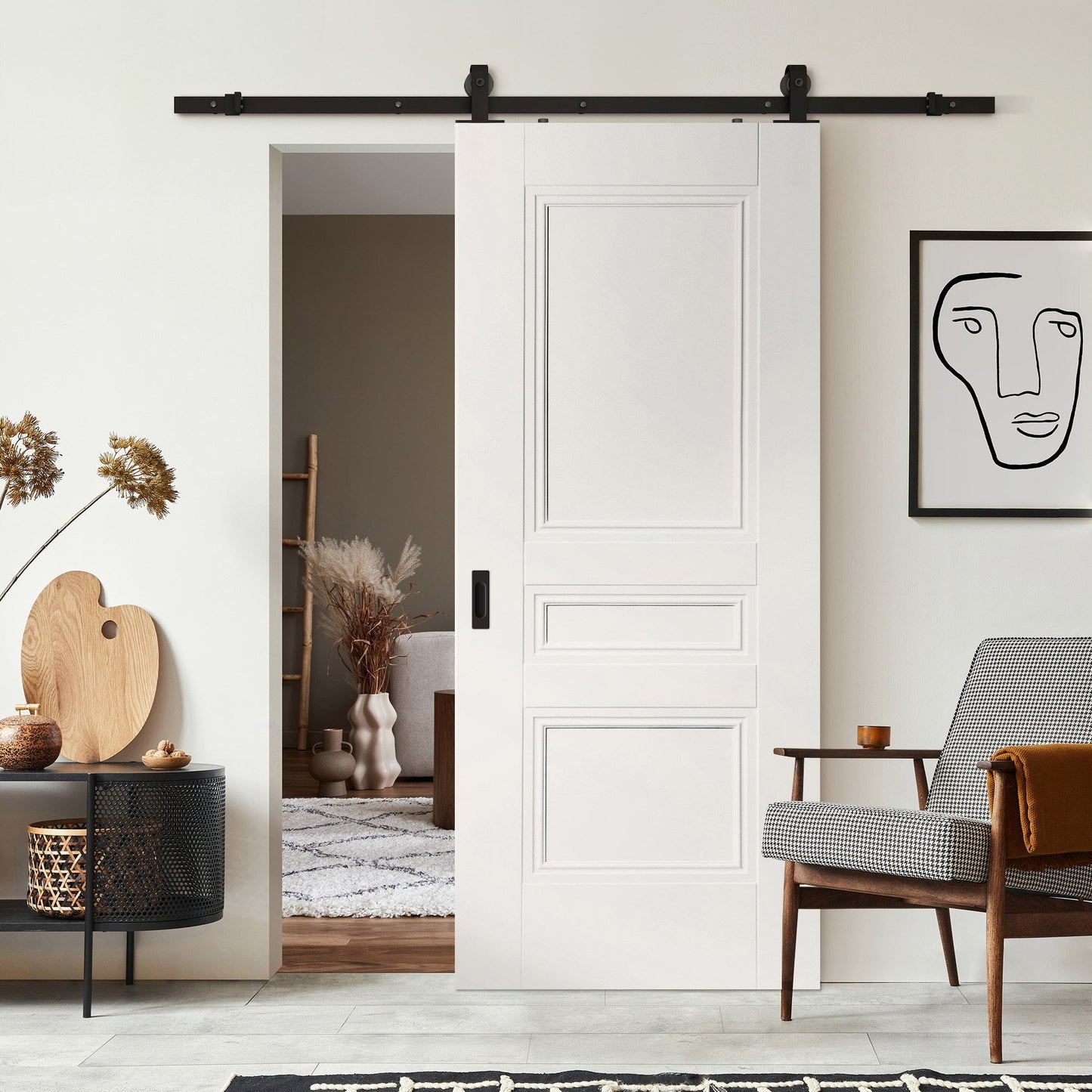 White Primed Internal Elegance Henley Sliding Door - Black Top Mounted (120708)