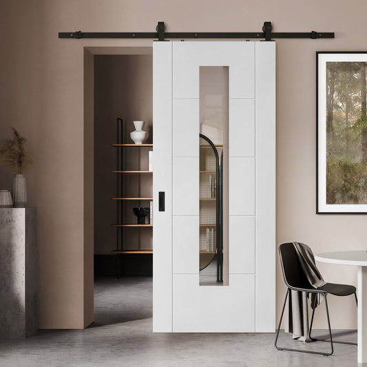 White Primed Internal Parma 5 Panel Door w/ Clear Glass Sliding Door - Black Top Mounted (120715)