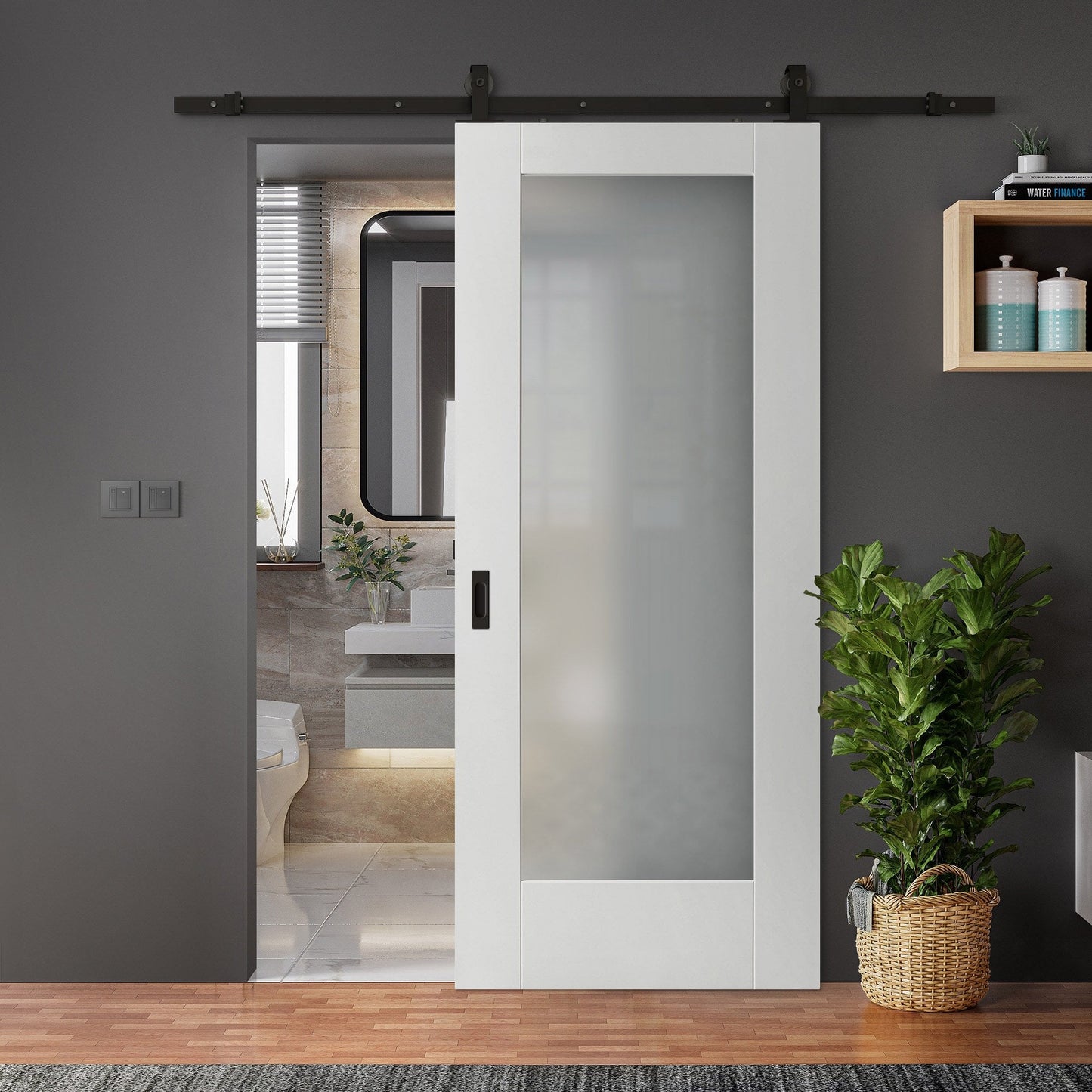 White Primed Internal Pattern 10 1 Light Obscure Glass Sliding Door - Black Top Mounted (120717)