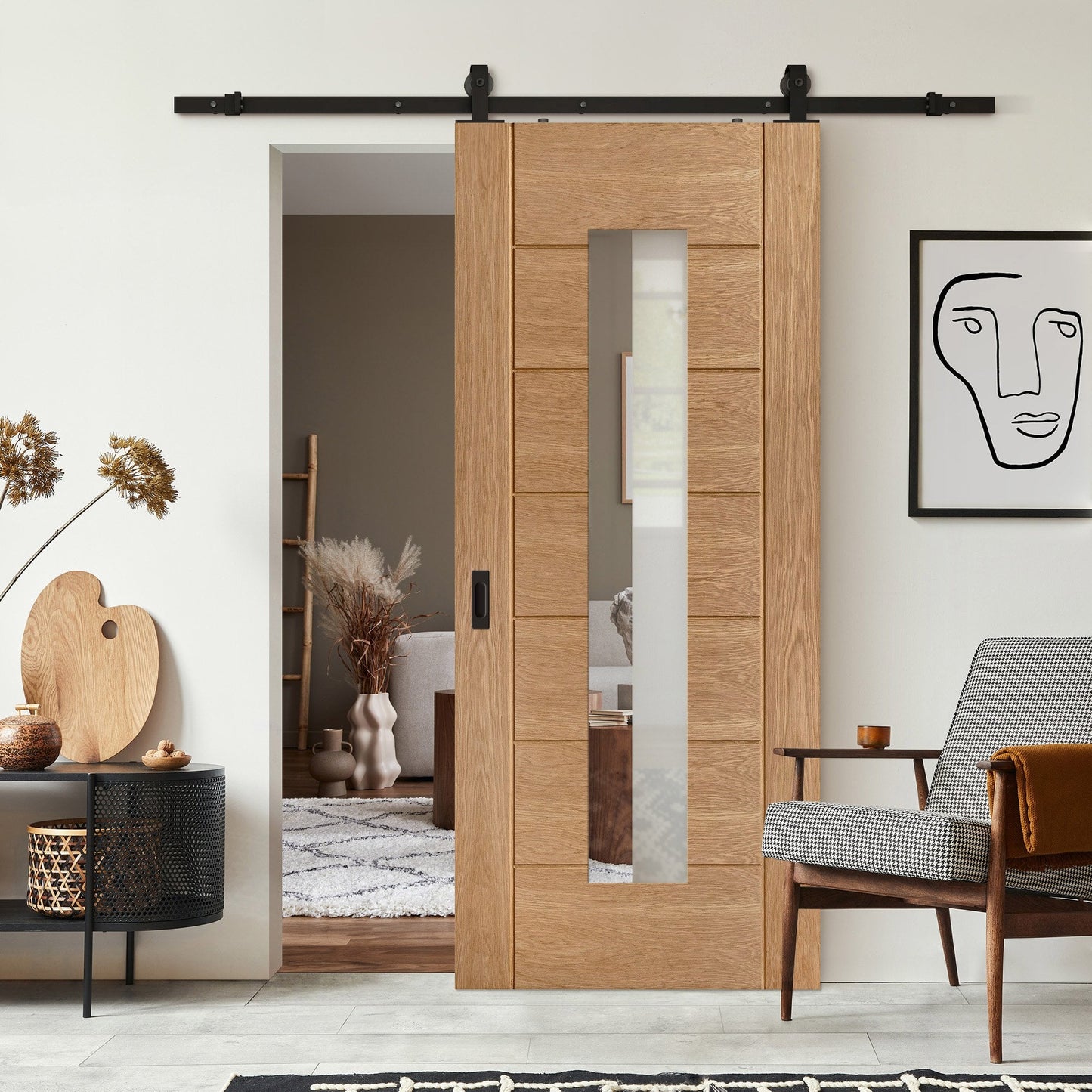 Oak Internal Fully Finished Pedrena 1 Light Clear Glass Sliding Door - Black Top Mounted (120744)