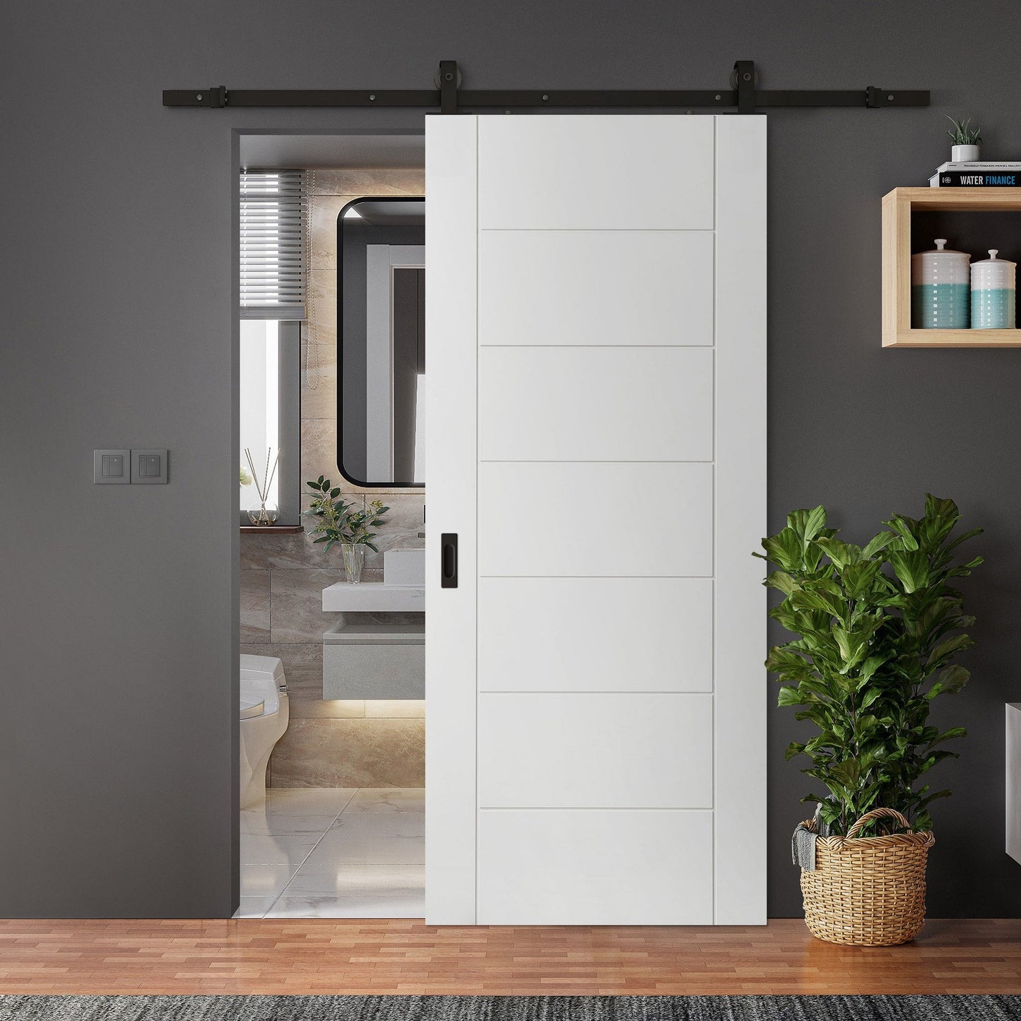 White Primed Internal Pedrena 7 Panel Sliding Door - Black Top Mounted (120751)