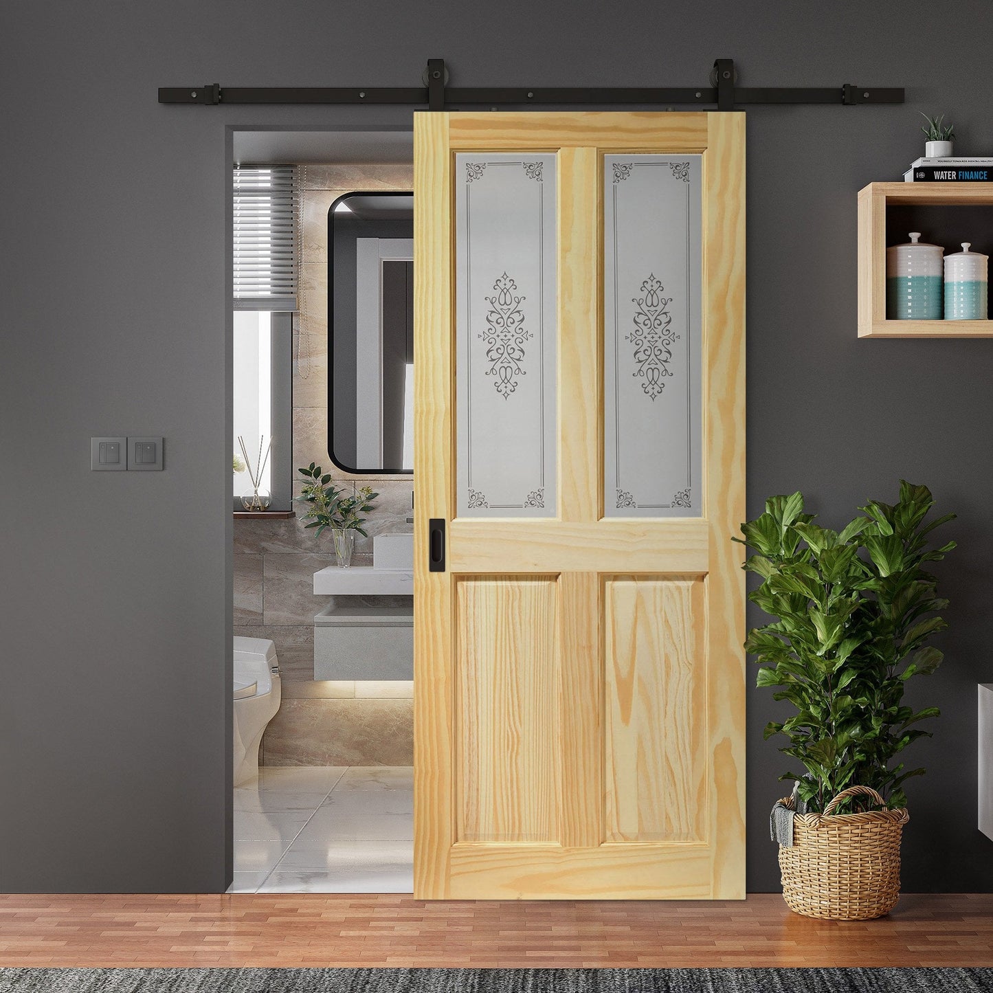 Clear Pine Internal Unfinished 2 Panel 2 Light Campion Glass Sliding Door - Black Top Mounted (120753)