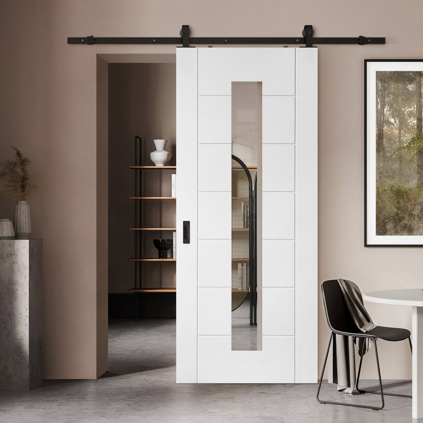 White Primed Internal Pedrena 7 Panel 1 Light Clear Glass Sliding Door - Black Top Mounted (120758)
