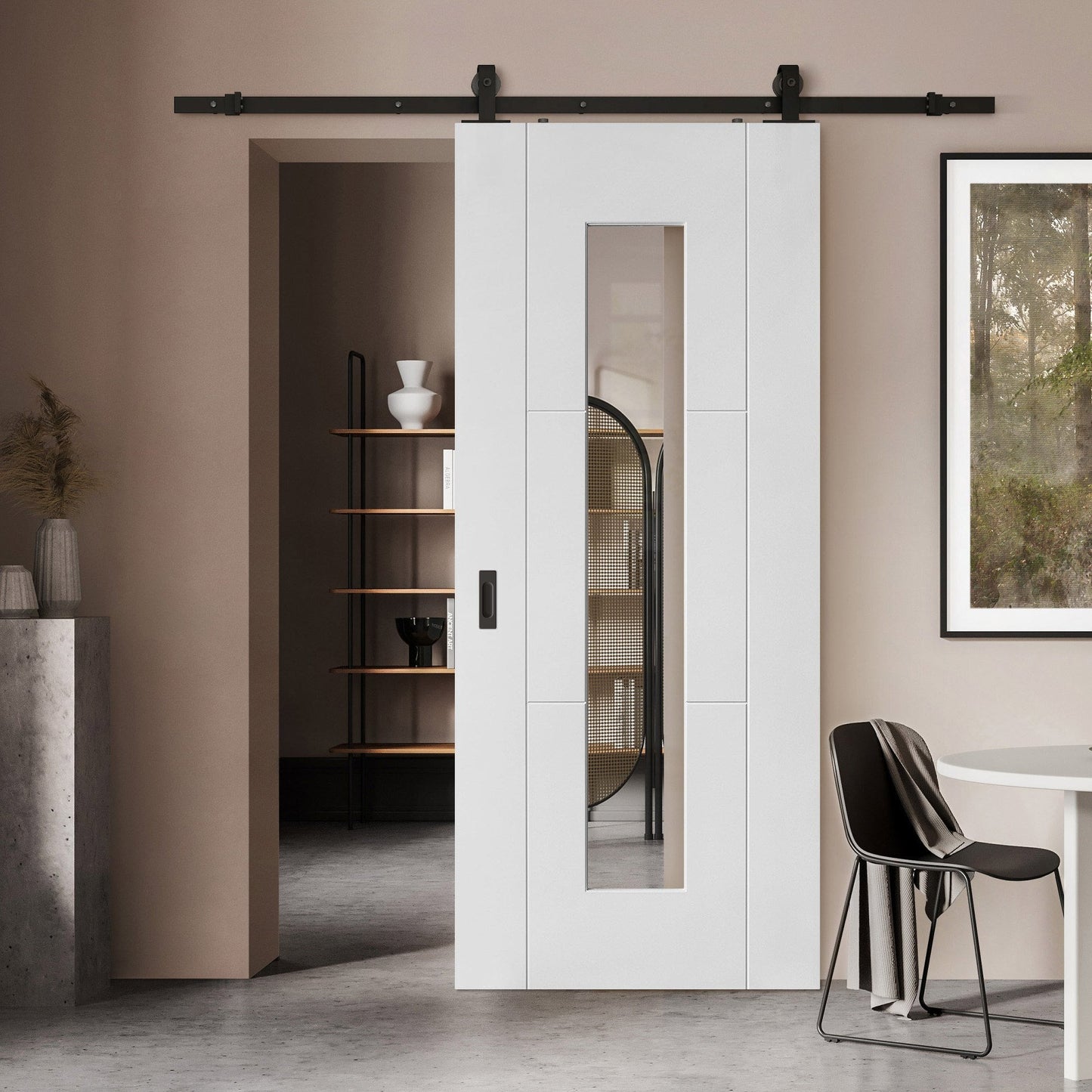 White Primed Internal Trent 3 Panel 1 Light Clear Glass Sliding Door - Black Top Mounted (120765)