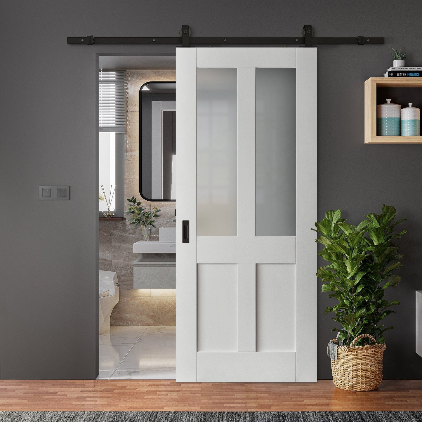 White Primed Internal Victorian 2 Panel 2 Light Obscure Glass Sliding Door - Black Top Mounted (120769)