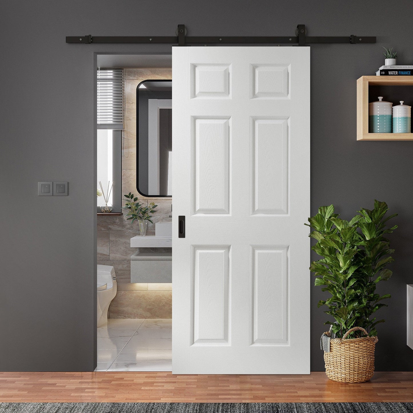 White Textured Liberty 6 Panel Sliding Door - Black Top Mounted (120771)