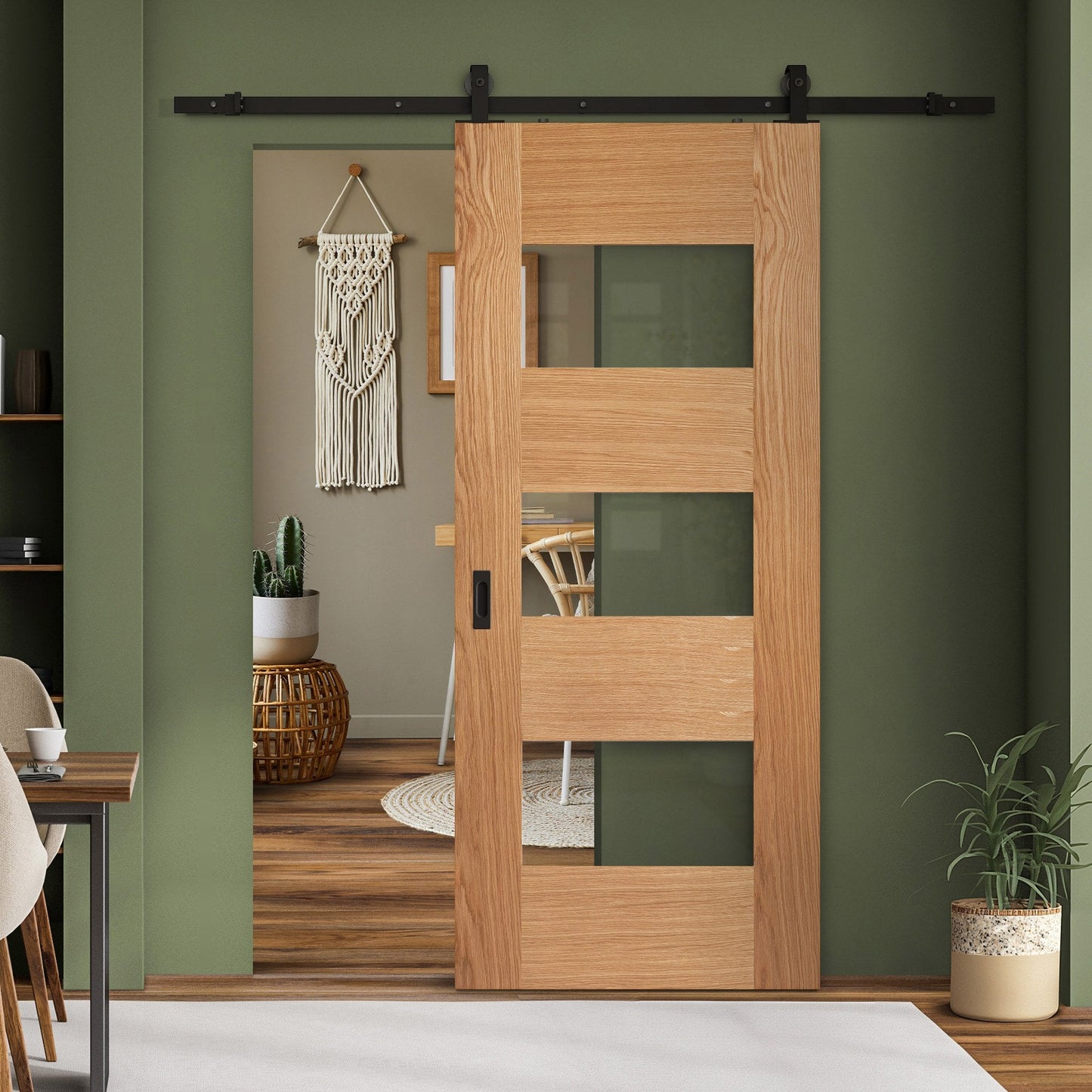 Oak Internal Fully Finished Edison 7 Panel 3 Light Clear Glass Sliding Door - Black Top Mounted (120802)