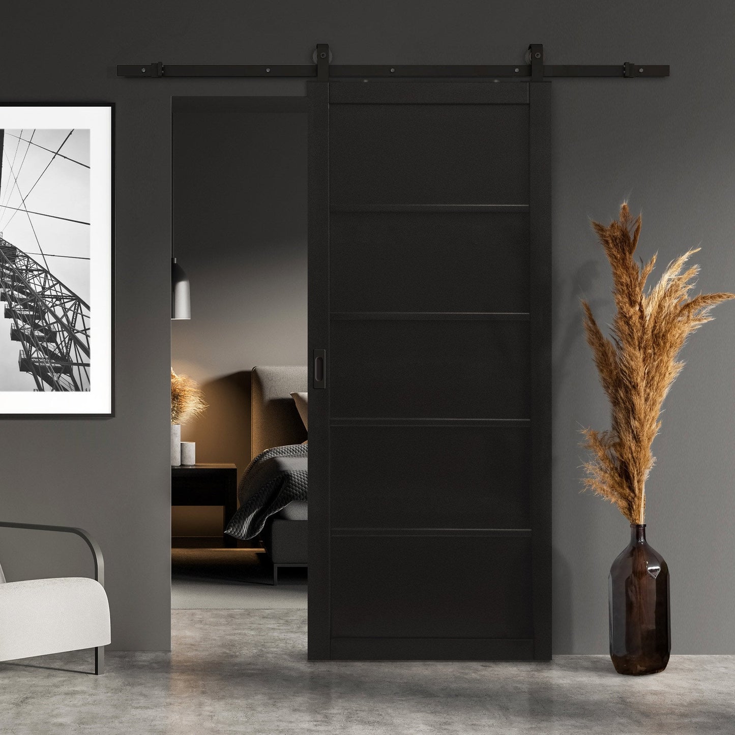 Graphite Black Internal Fully Finished Industrial Studio 5 Panel Door with Matt Black Top Mounted Track (120737)