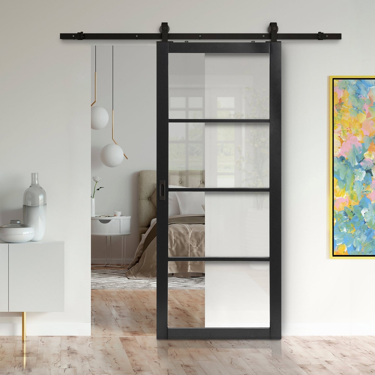 Black Primed Internal Industrial 2.0 Lifestyle 4 Panel Door with Matt Black Top Mounted Track (120725)
