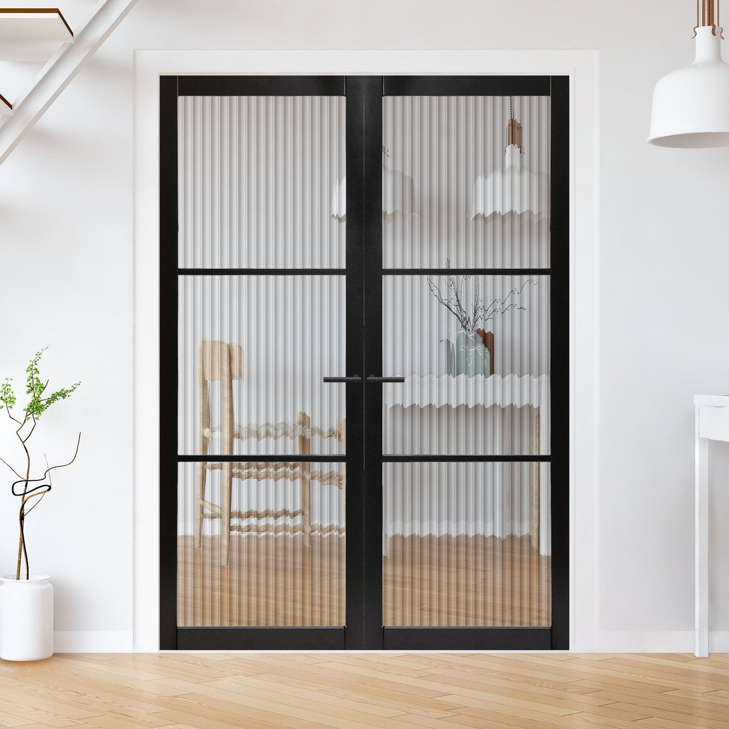 Black Internal Primed Industrial Studio 3 Light Reeded Glass Pair Door (121353)