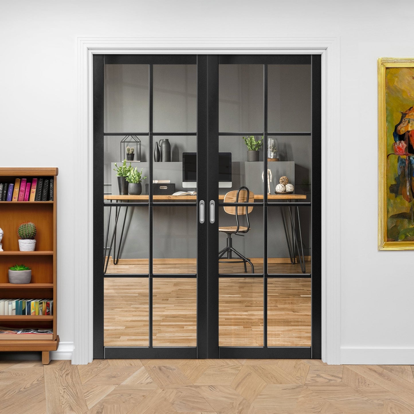 Jet Black Internal Fully Finished Industrial Studio 8 Light Clear Glass Pair Door (121358)