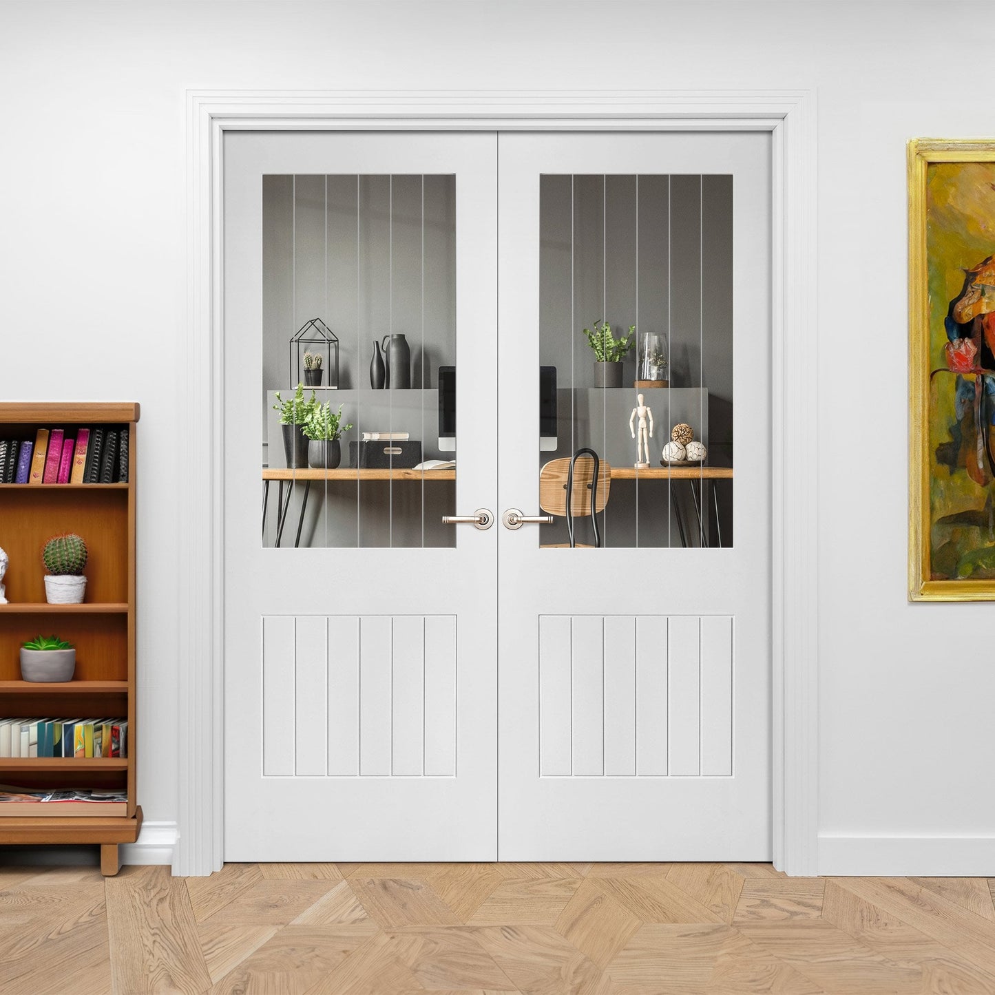 Internal White Primed Cottage 1 Light Etched Lined Clear Glass Pair Door (121408)