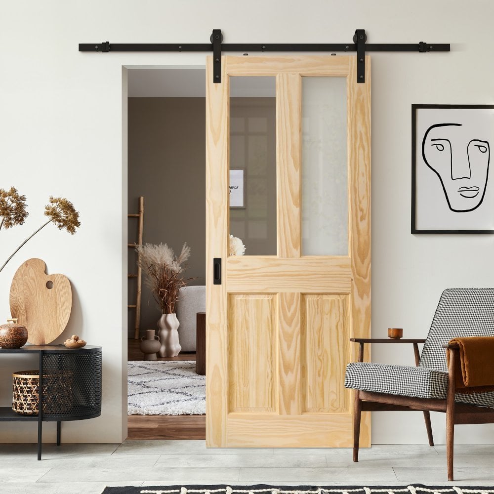 Clear Pine Internal Unfinished 2 Panel 2 Light Clear Glass Sliding Door - Black Face Mounted (119903)