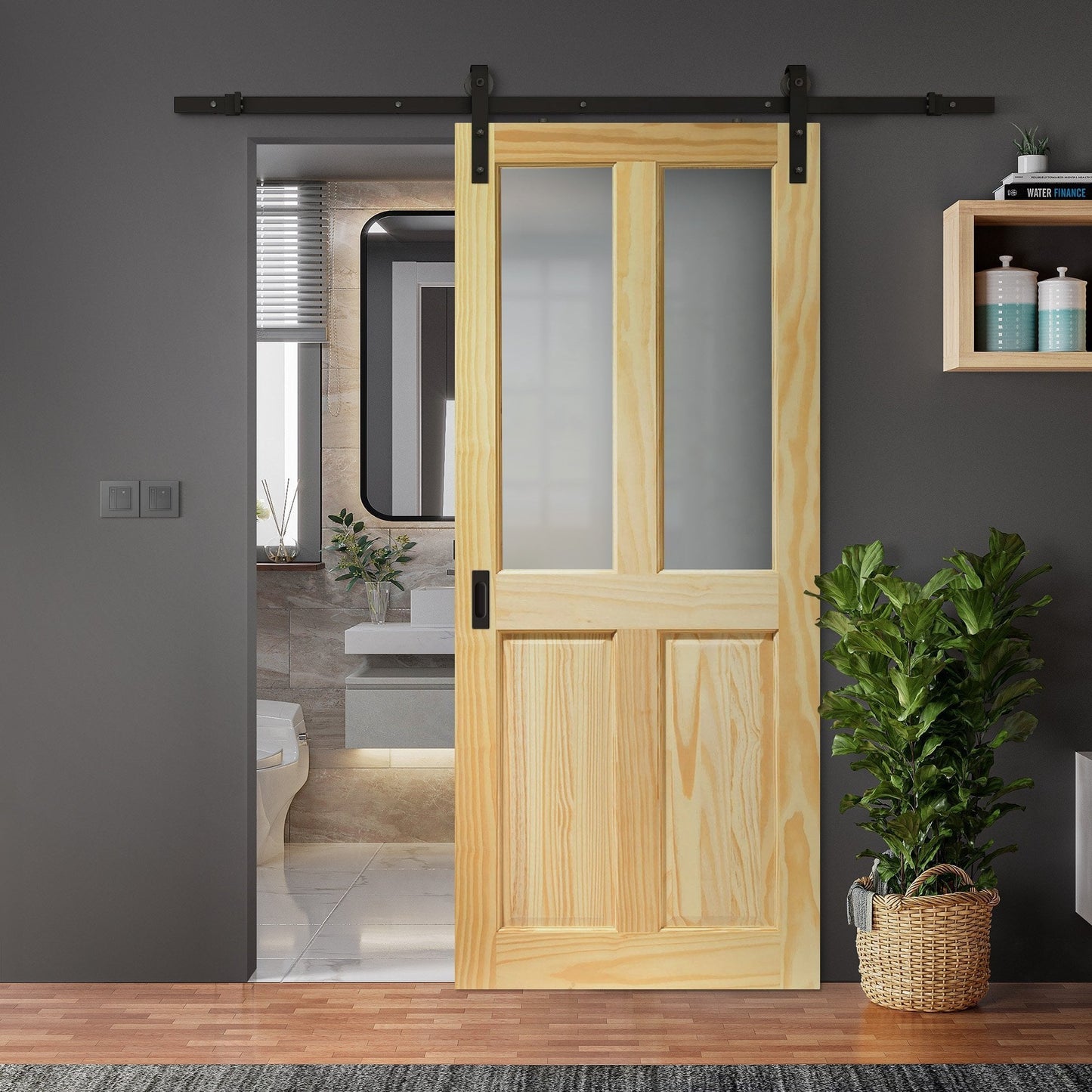 Clear Pine Internal Unfinished 2 Panel 2 Light Obscure Glass Sliding Door - Black Face Mounted (119904)