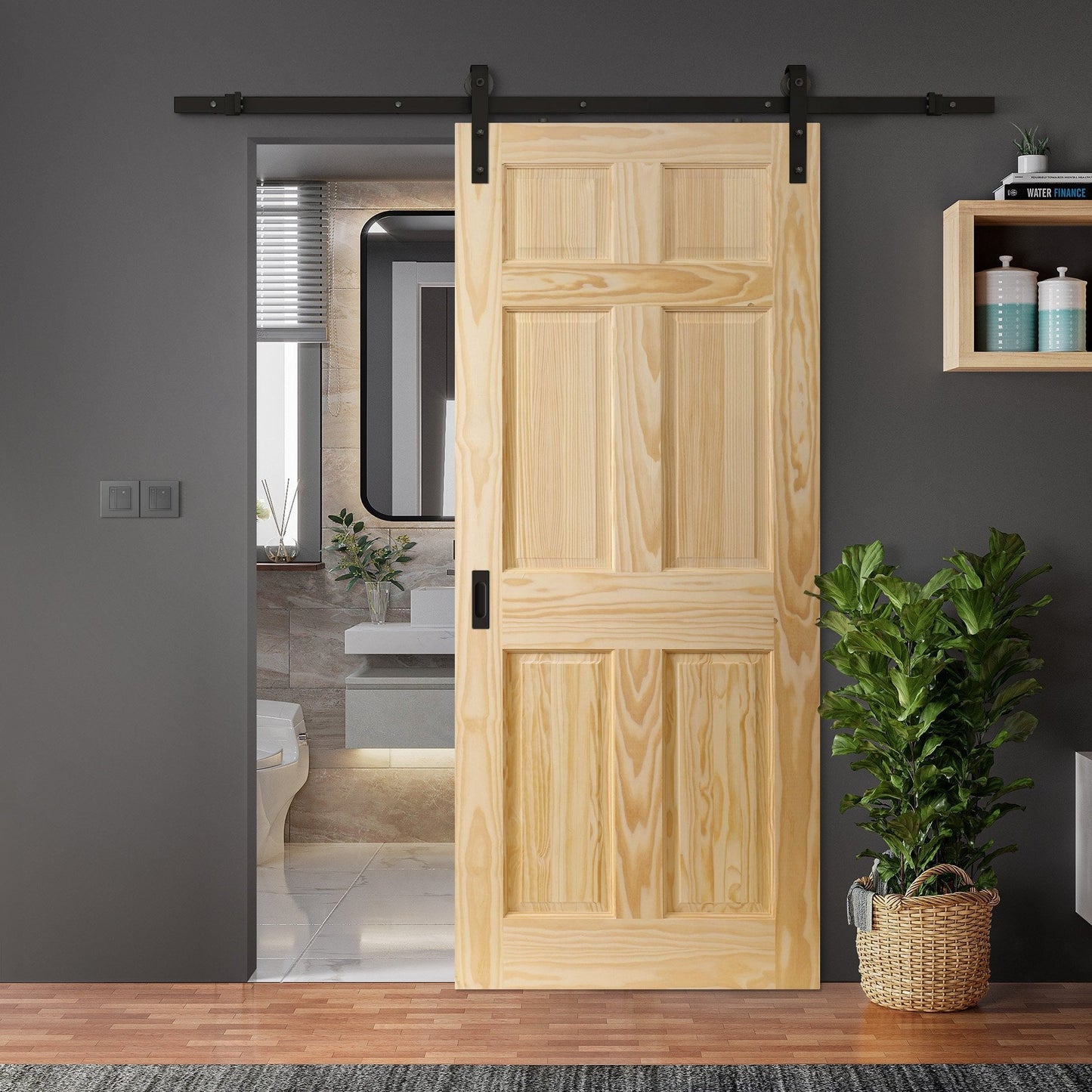 Clear Pine Internal Unfinished 6 Panel Door Sliding Door - Black Face Mounted (119905)