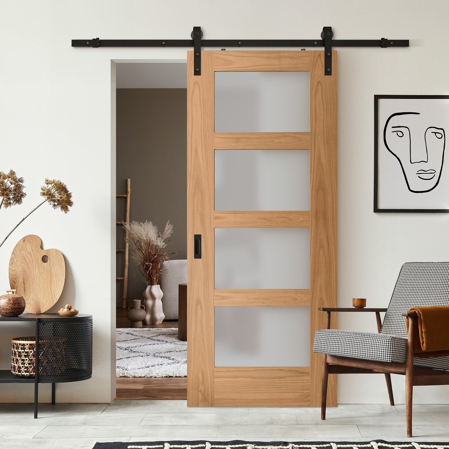 Oak Internal Unfinished Shaker 4 Light Obscure Glass Sliding Door - Black Face Mounted (119949)
