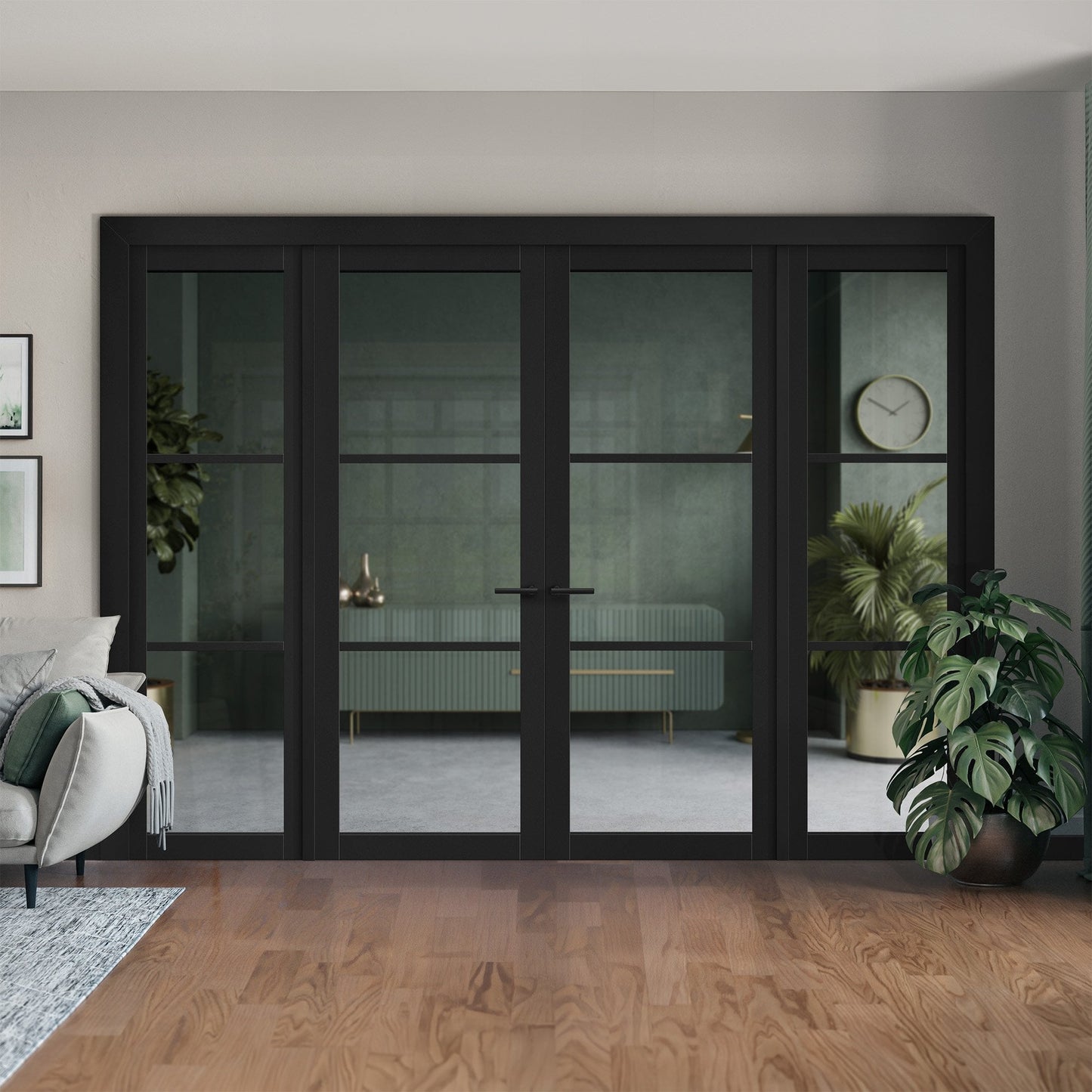 Black Fully Finished Internal Industrial Studio 3L Clear Glass Sidelight Room Divider Set (123120)