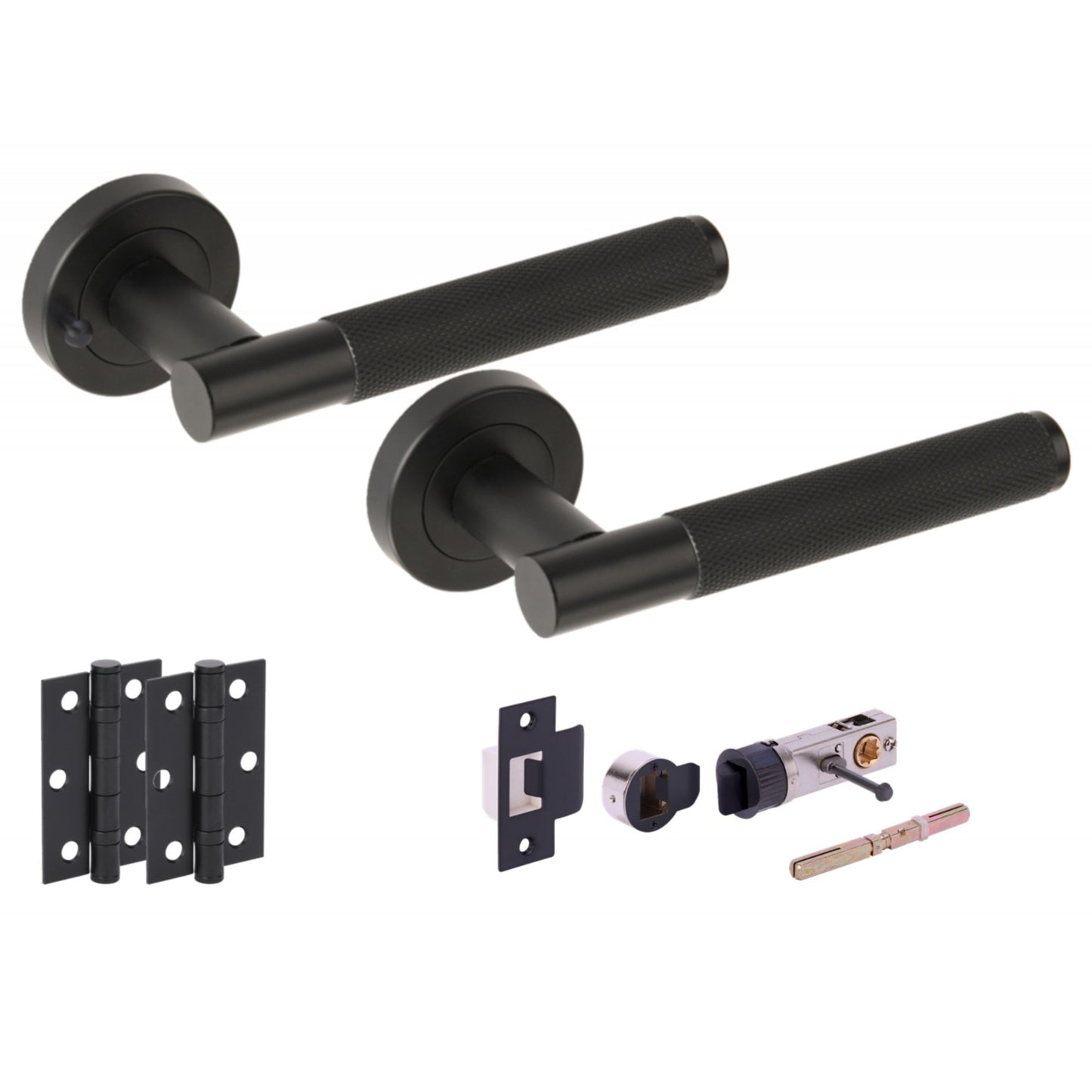 Knurled Round Rose Lever Door Bathroom Handle Set - Matt Black (251292)