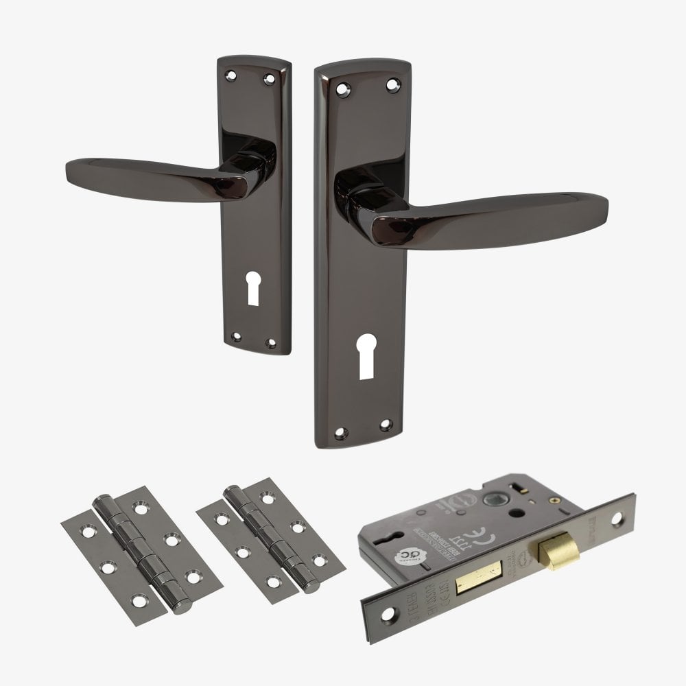 Deco Lever & Lock on Backplate Bathroom Door Handle Set - Black Nickel (122274)
