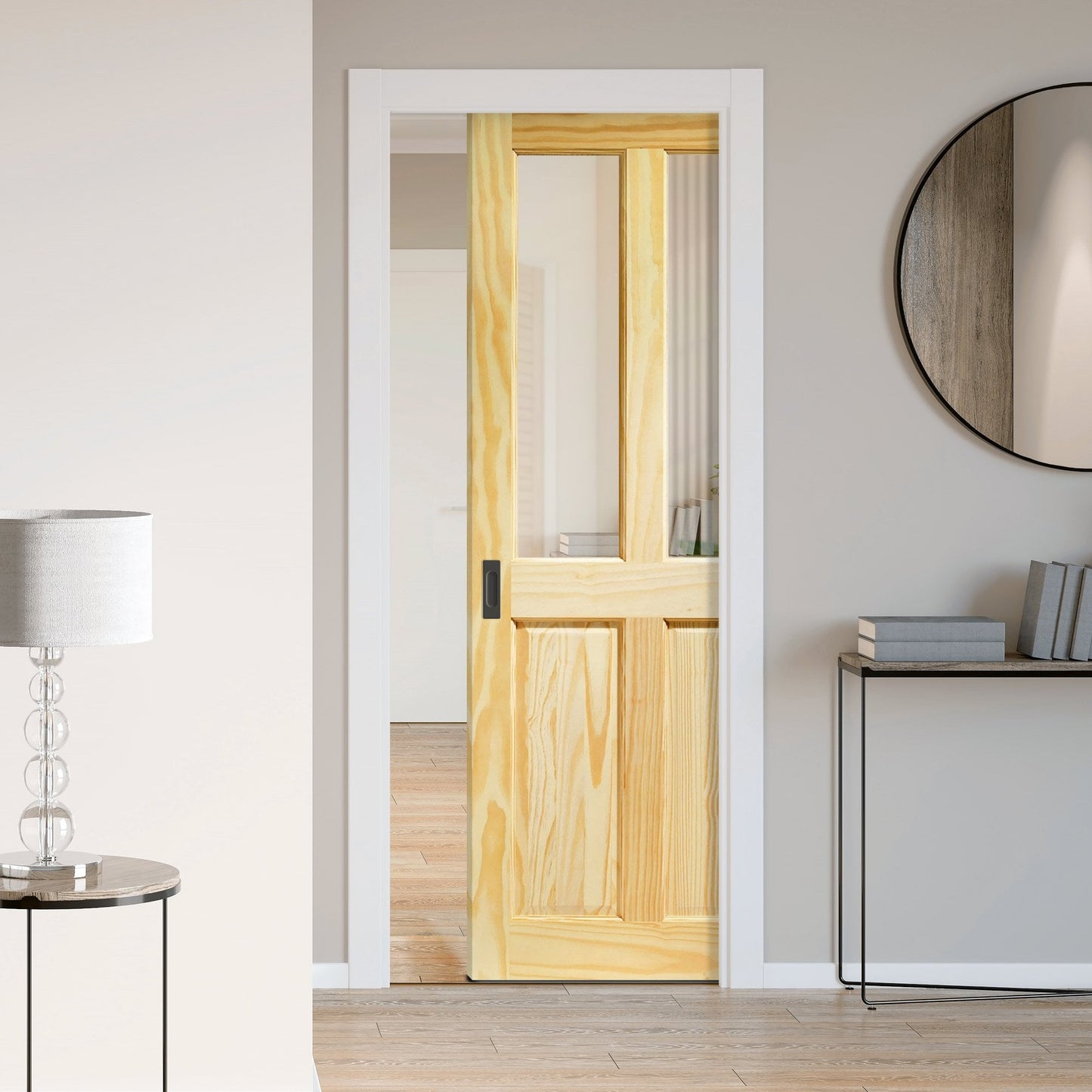 Clear Pine Unfinished Internal 2 Panel 2 Light Clear Glass Framed Pocket Door Set (123182)