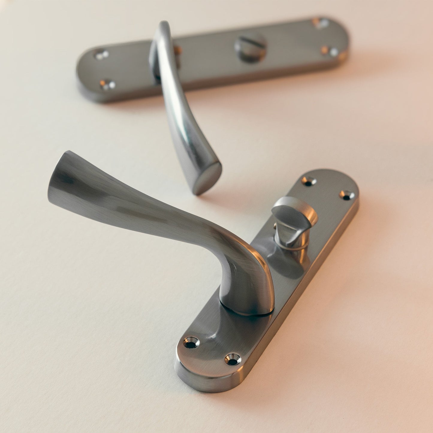 Scimitar Lever on Backplate Bathroom Door Handle Set - Satin Chrome (122292)