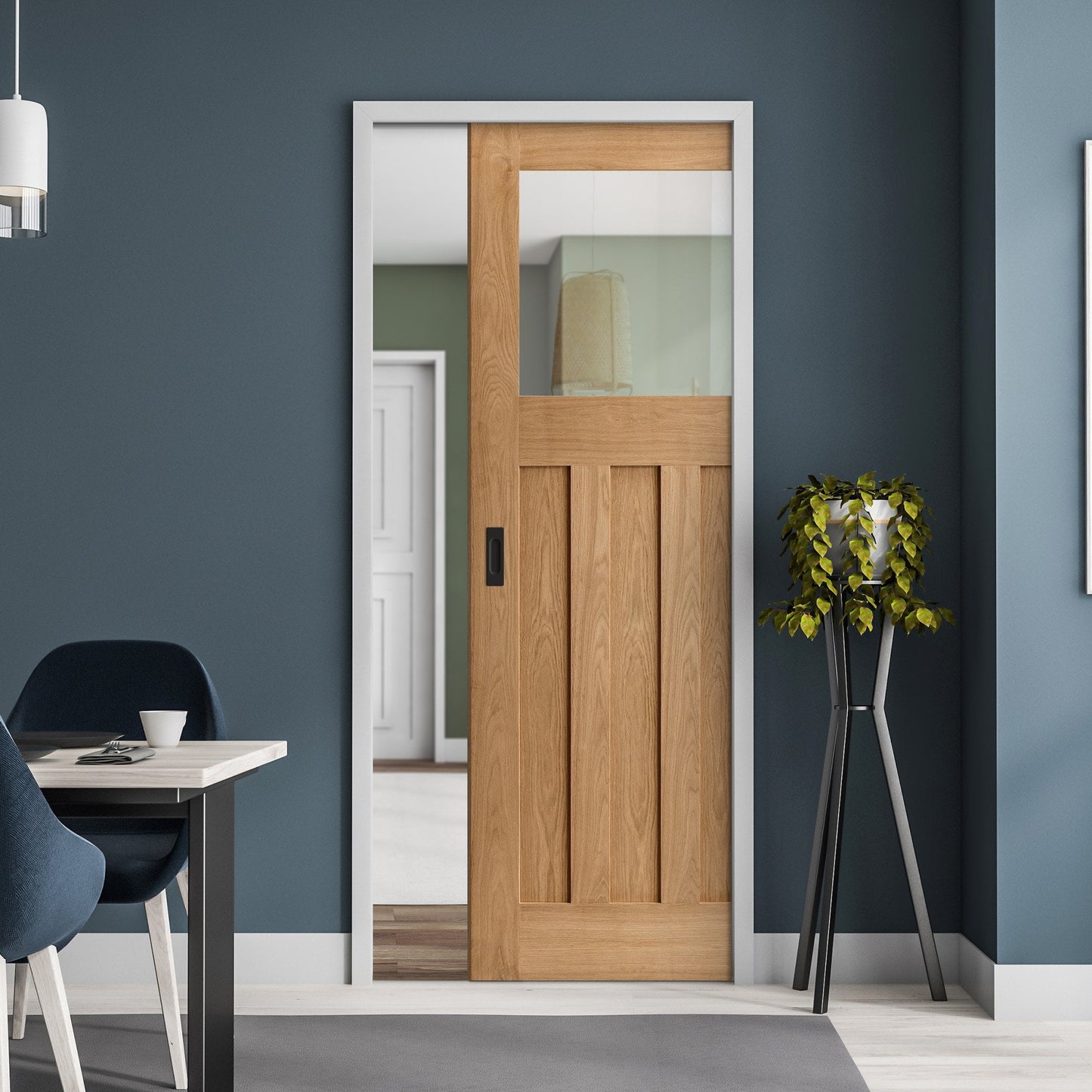 Oak Unfinished 1930's DX 3 Panel 1 Light Clear Glass Framed Pocket Door Set (123204)