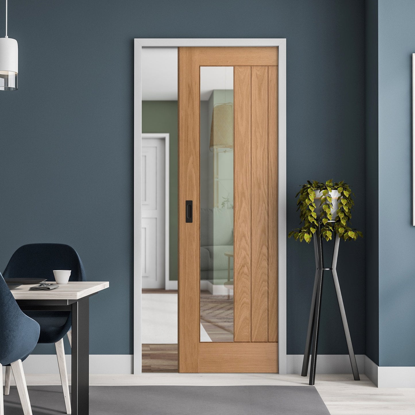Oak Unfinished Farley 1 Light Clear Offset Glass Framed Pocket Door Set (123207)