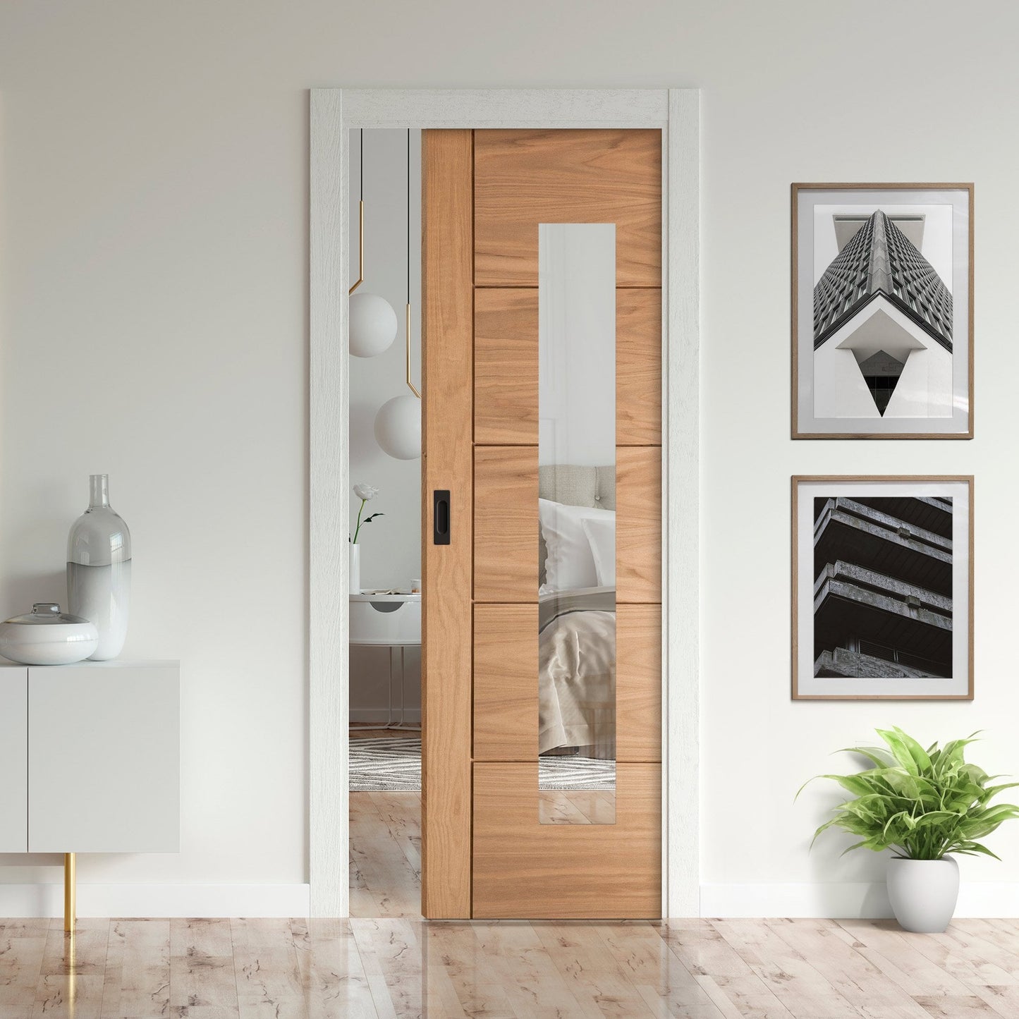 Oak Unfinished Parma 1 Light Clear Glass Framed Pocket Door Set (123210)