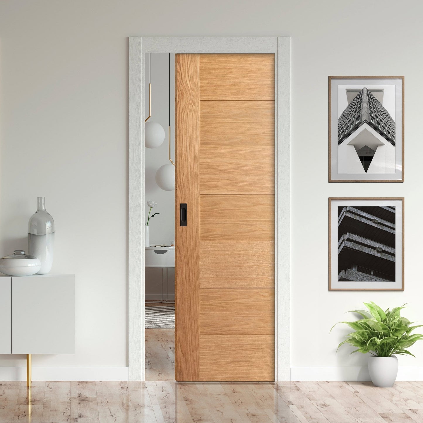 Oak Fully Finished Internal Edison 7 Panel Framed Pocket Door Set (123195)