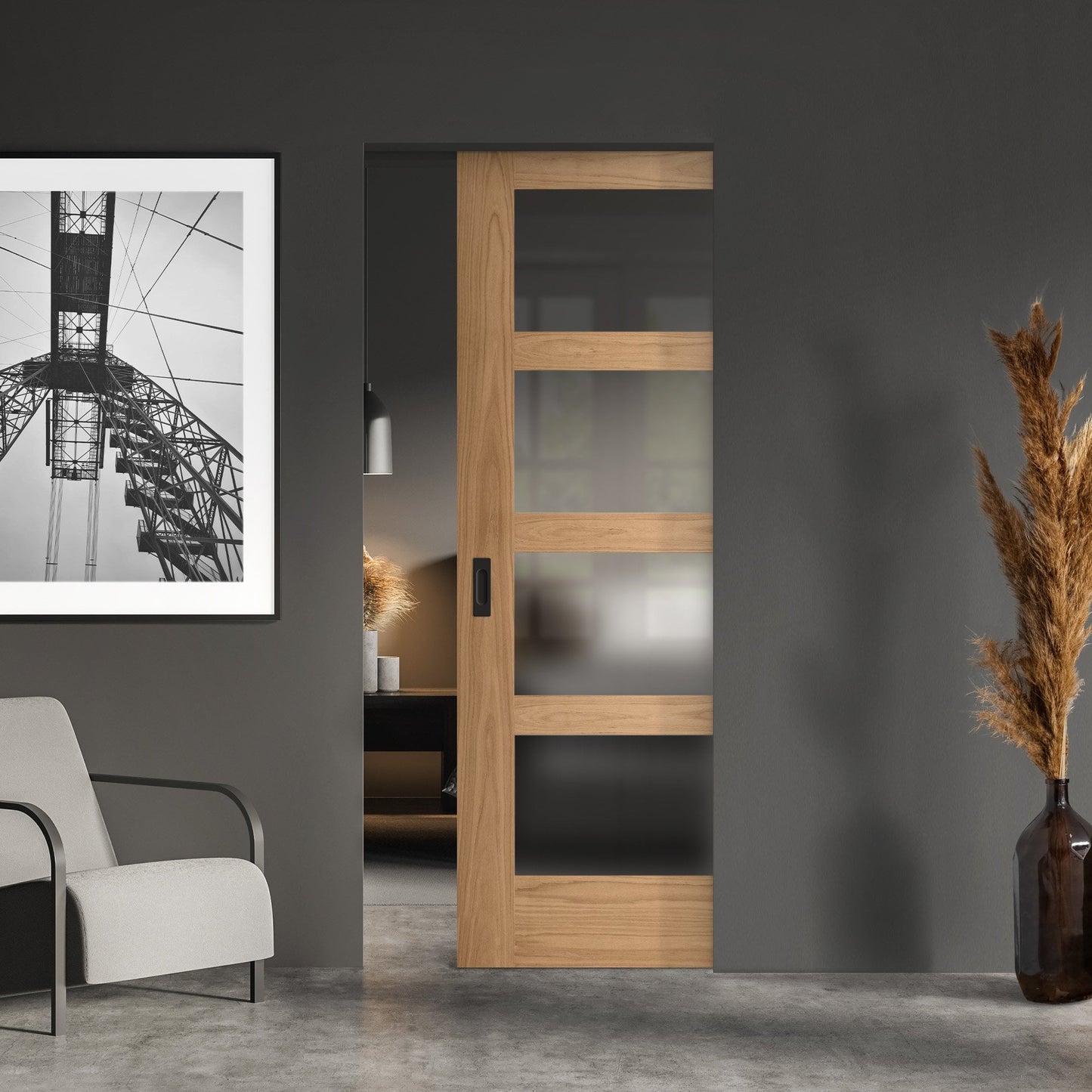 Oak Unfinished Shaker 4 Light Obscure Glass Framed Pocket Door Set (123216)