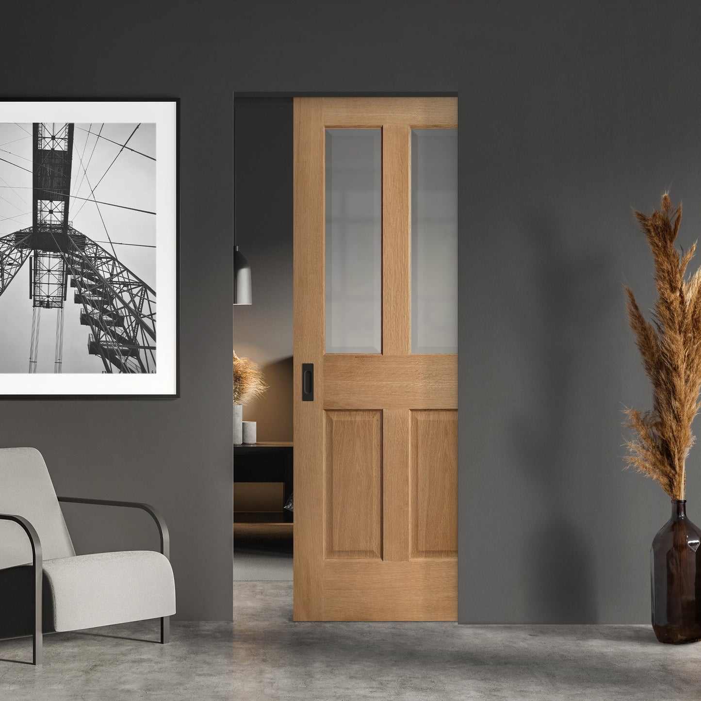 Oak Unfinished Victorian 2 Panel 2 Light Bevelled Glazed Framed Pocket Door Set (123220)