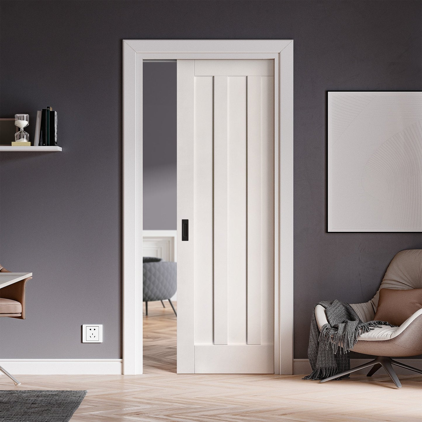 White Primed Internal Ashton 3 Panel Framed Pocket Door Set (123239)