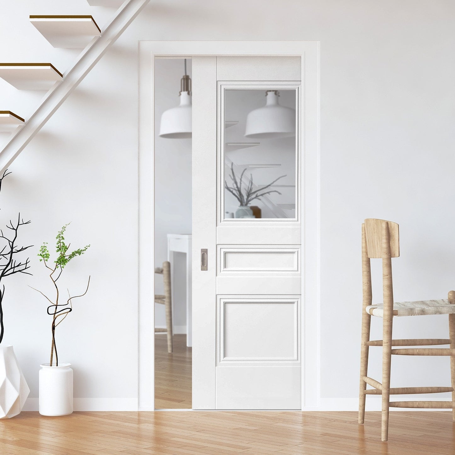 White Primed Internal Henley 2 Panel 1 Light Framed Pocket Door Set (123255)