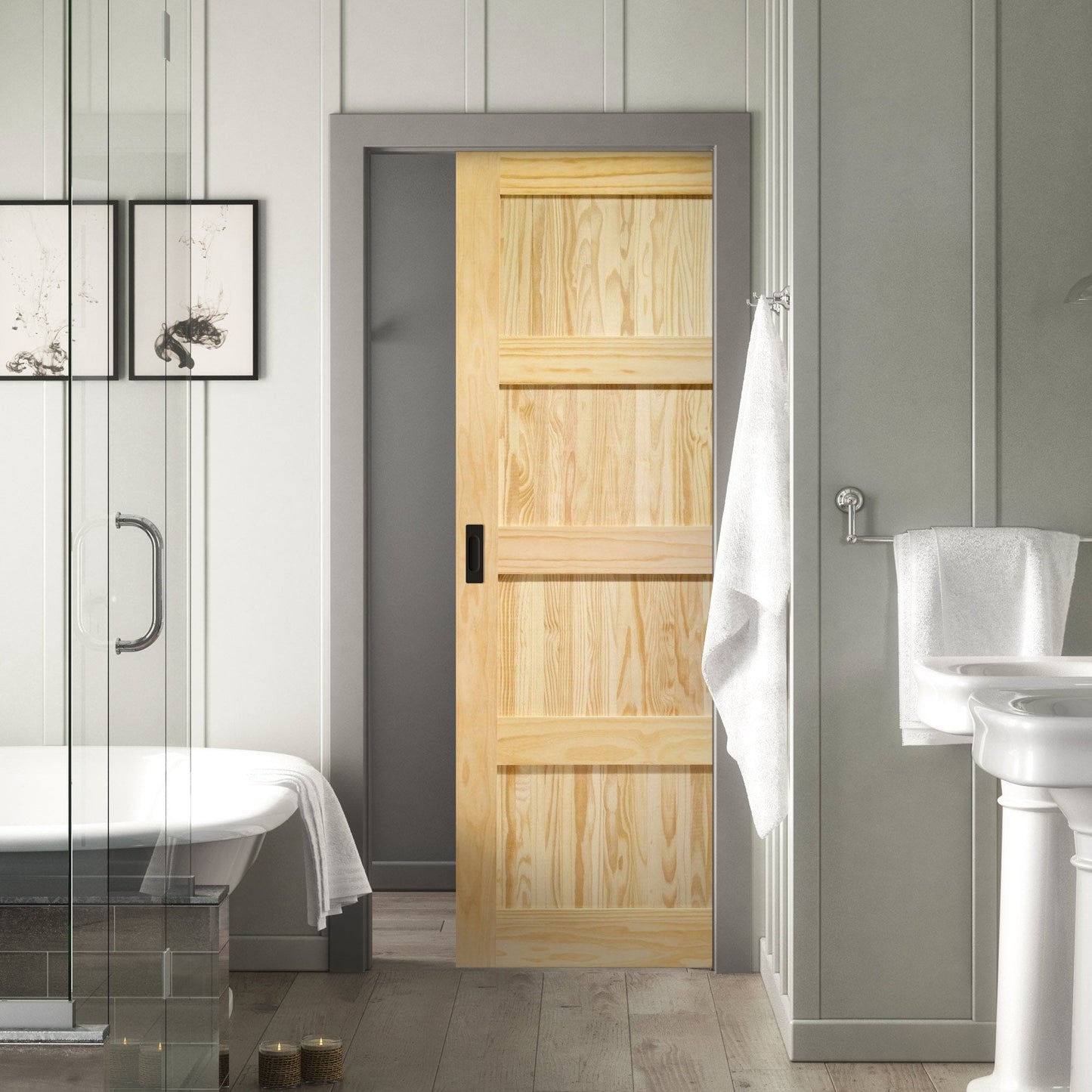 Clear Pine Unfinished Internal Shaker 4 Panel Framed Pocket Door Set (123190)